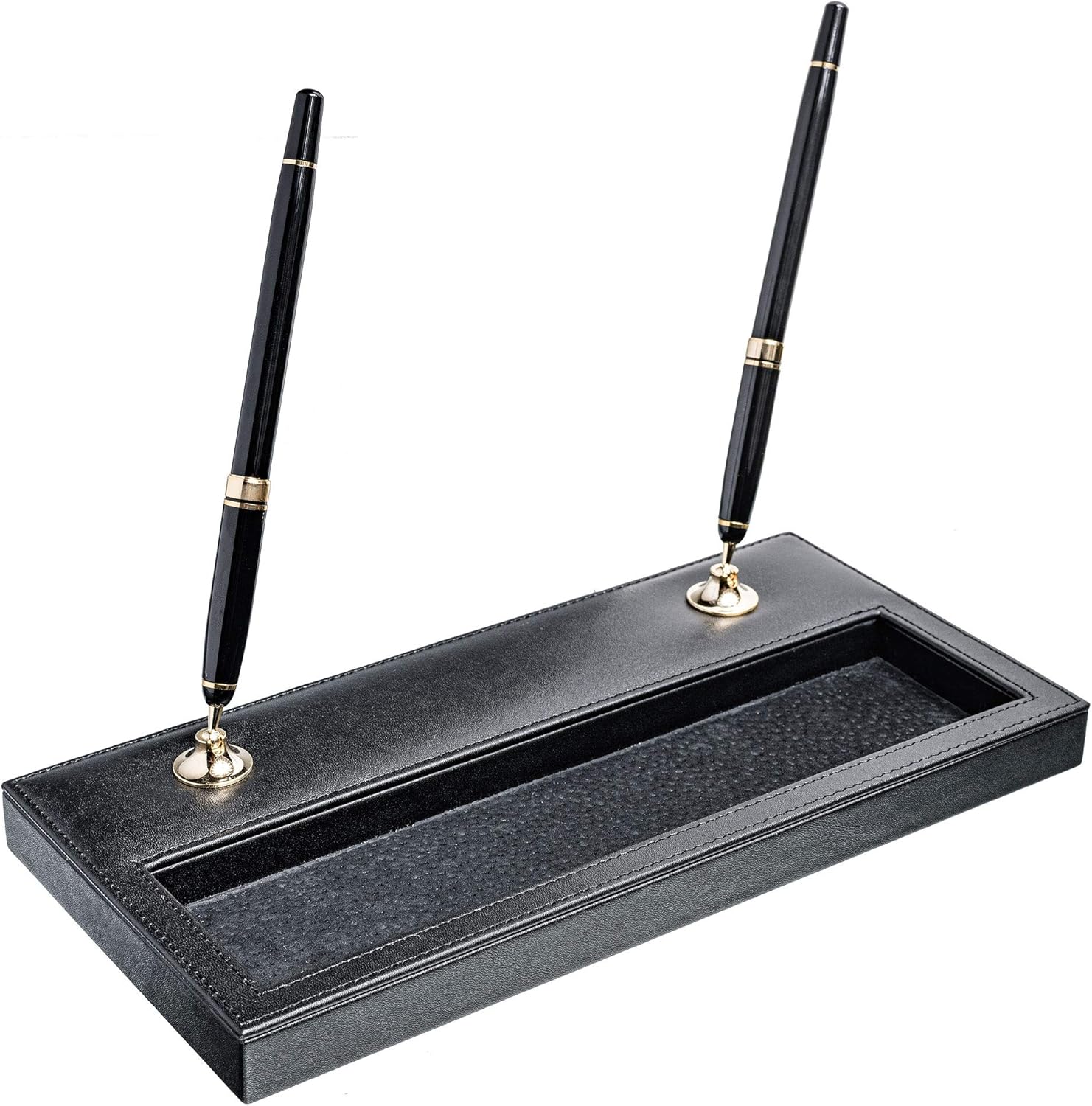 Dacasso Black Leather Double Gold Accents Pen Stand