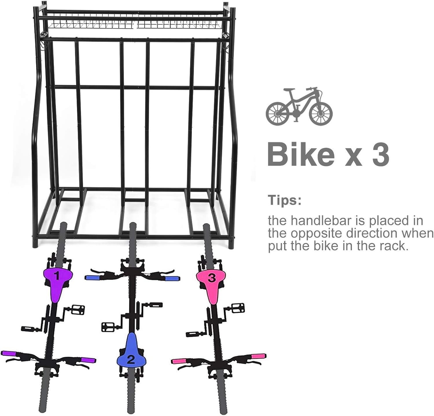 Lycklig Bike Rack for Garage Floor Parking Stand for 3 Bicycles, Bike Stand Rack with Storage Basket, Free Standing Bicycle Rack for Road, Mountain, Hybrid, Adult or Kids Bike, Black