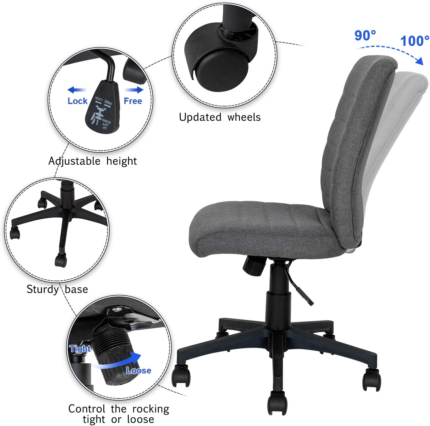 ORISTUS Armless Office Chair with Wheels Ergonomic Home Computer Desk Chair Mid Back Modern Swivel Adjustable Height Task Chair Linen Fabric (Dark Gray)