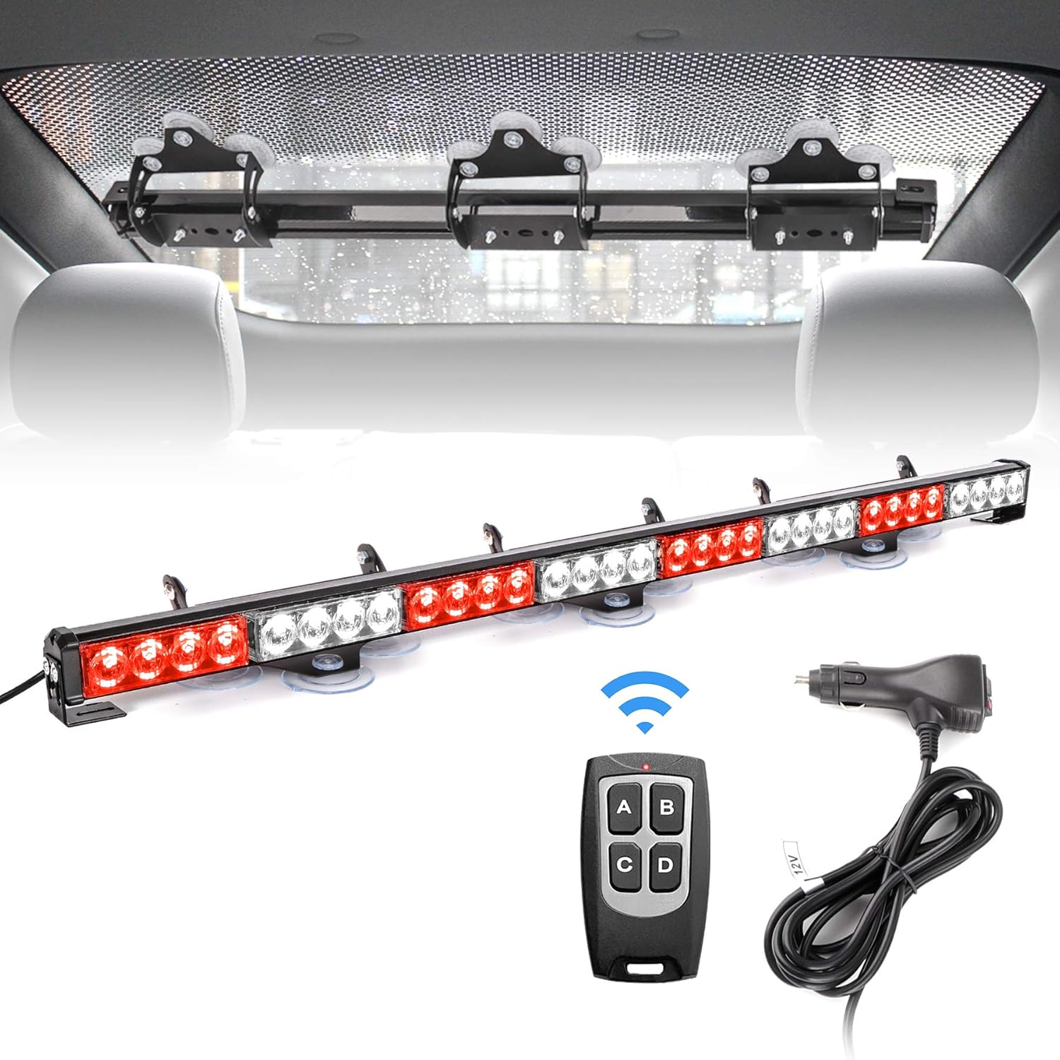 FEELOTAM Red White Emergency Firefighter Hazard Warning Light Windshield Safety Lights Bar 35.5 inch 8 Panels for Fire Vehicles with Wireless Remote Control Cigar Lighter Pack of 2