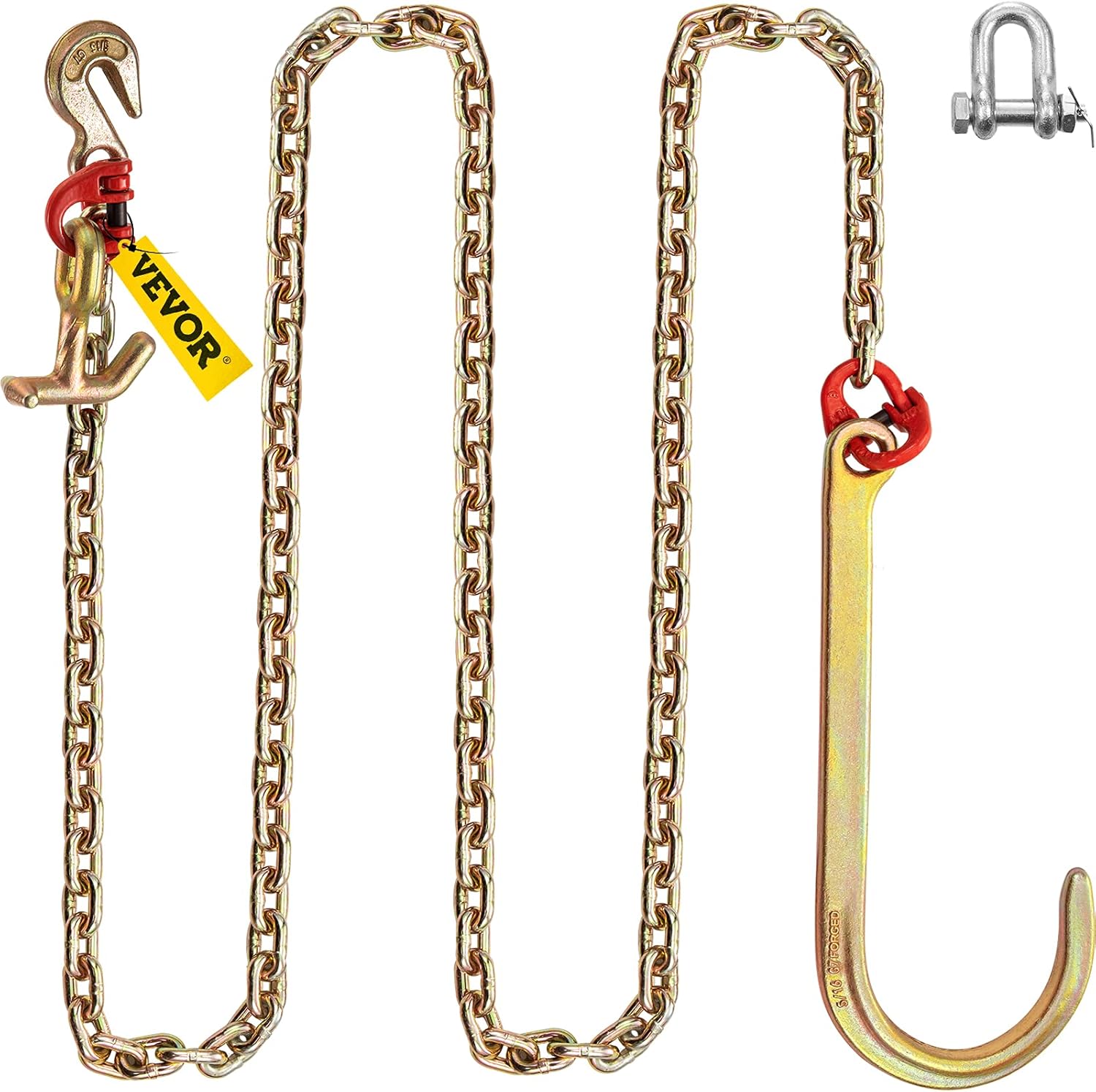 VEVOR J Hook Chain, 5/16 in x 10 ft Bridle Tow Chain, Grade 80 Bridle Transport Chain, Alloy Steel Chain with J Hook, Safe J Hooks Towing Strap, 9260 Lbs Break Strength Tow Hooks for Trucks Pack of 2