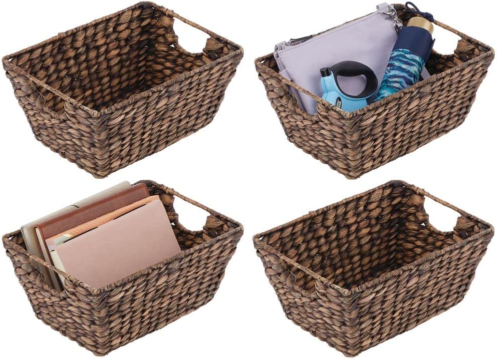 mDesign Natural Woven Hyacinth Closet Storage Organizer Basket Bin for Kitchen Cabinets, Pantry, Bathroom, Laundry Room, Closets, Garage - 4 Pack - Dark Brown Pack of 2