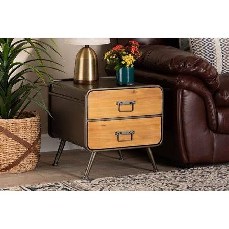 Kaiya Rustic and Industrial Oak Brown Finished Wood and Black Metal 2-Drawer Nightstand - Brown, Black / 19.7 H x 18.9 W x 18.9