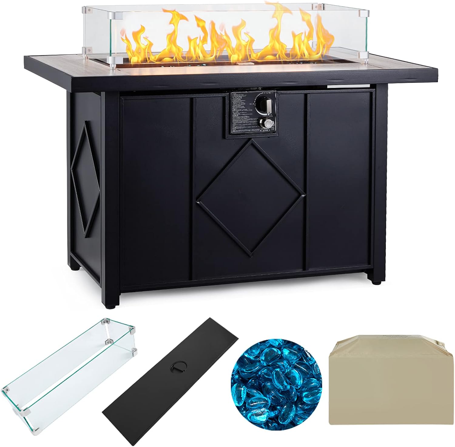 AVAWING Propane Fire Pit Table, 42 inch 50,000 BTU Rectangular Gas Fire Pit Table w/Glass Wind Guard, Table Lid, Fire Glass, Waterproof Cover, Outdoor Gas Fire Pit for Garden, Patio, Backyard, Black