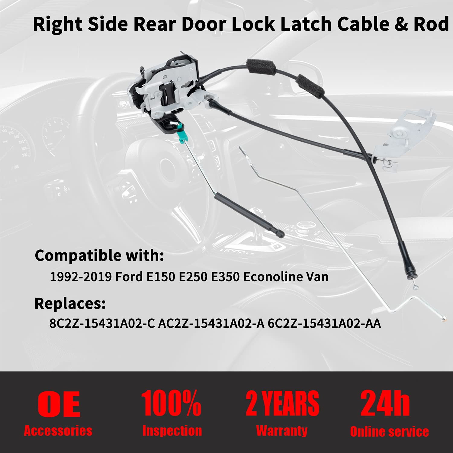Rear Door Lock Latch Cable & Rod - Right Side - Fit for 1992-2019 Ford E150 E250 E350 Econoline Van, Back Cargo Door Latch Cables Kit Replaces# 8C2Z-15431A02-C AC2Z-15431A02-A 6C2Z-15431A02-AA