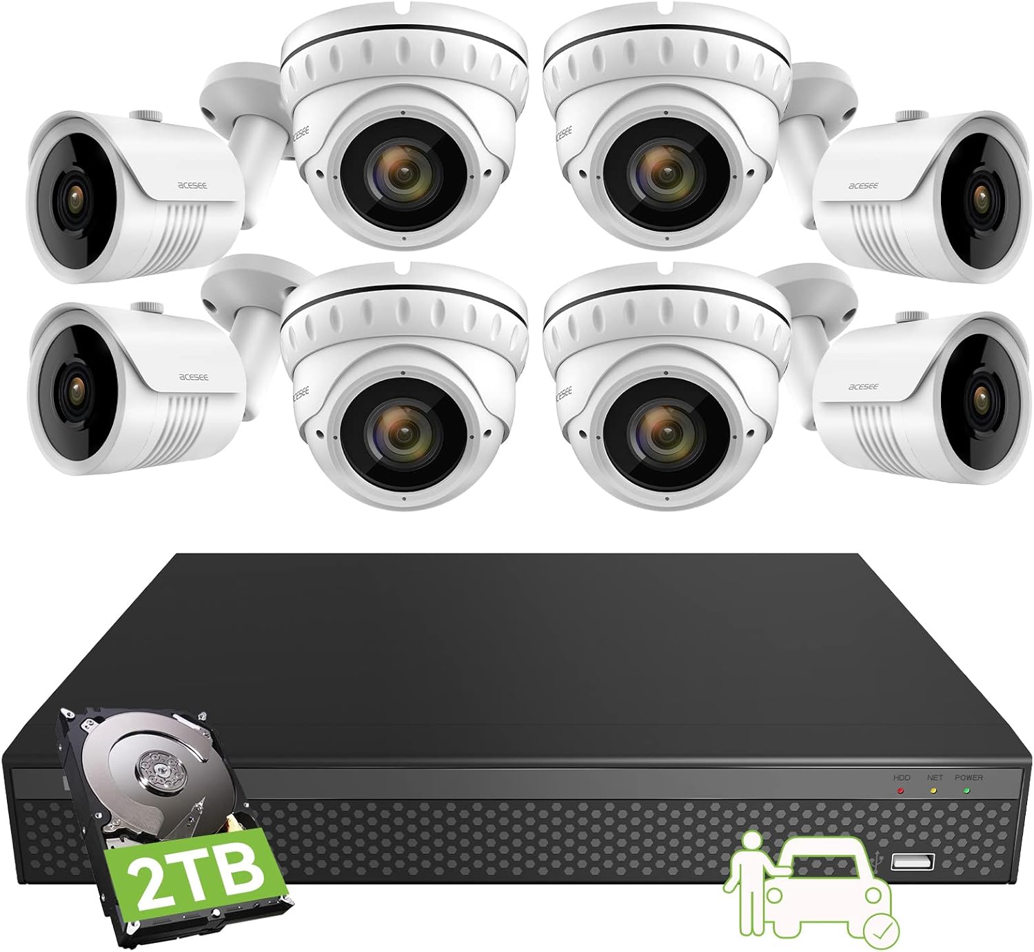 PoE 4K Wireless Security Camera System 8CH, Acesee 4pcs 8MP Outdoor Security Cameras,WiFi Home Surveillance NVR Kits Motion Detection,4K CCTV Cameras with 2TB HDD,Color Night Vision/Free APP,24/7