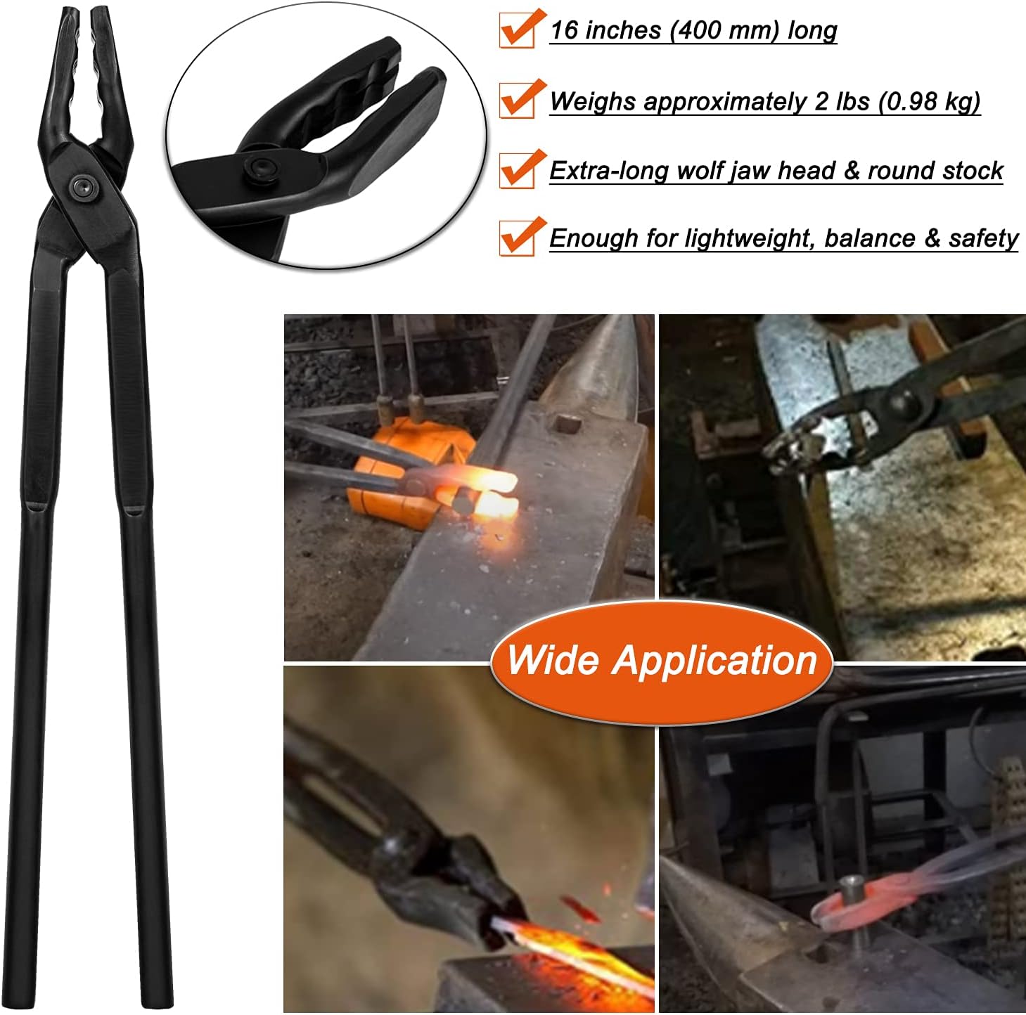 Upgraded Blacksmith Wolf Jaw Tong & Professional Blacksmiths&rsquo; Hammer Set, Replace OEM#0000811-1000 Cross-Peen Swedish Pattern Hammer (16 in (400 mm))