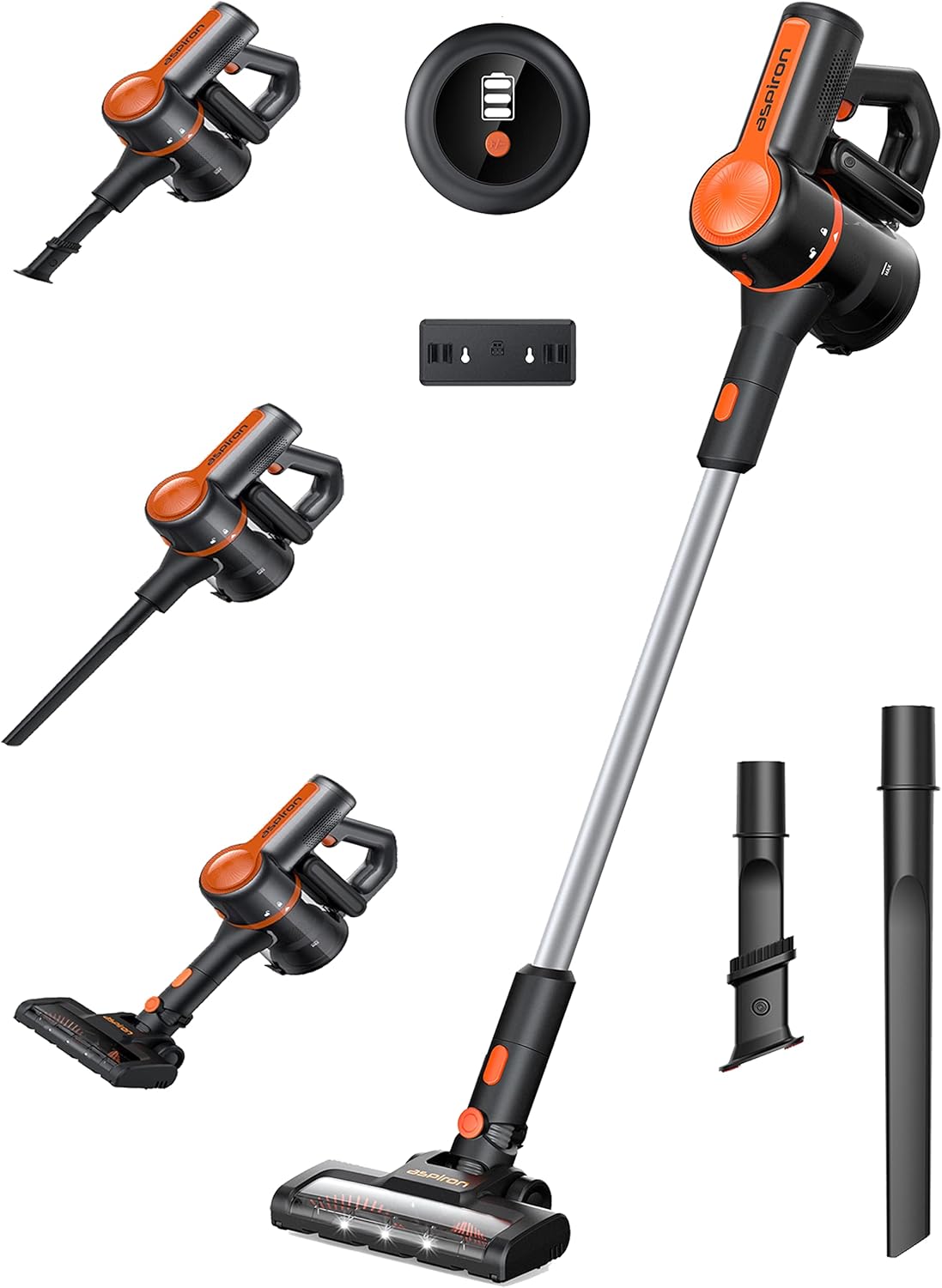 Cordless Vacuum Cleaner, Aspiron 23Kpa 250W Brushless Motor Cordless Stick Vacuum 6 in 1 with 2500 m-Ah Battery, 40mins Runtime,LED Light, Handheld Vacuum Cordless for Carpet Hard Floor Pet Hair Car