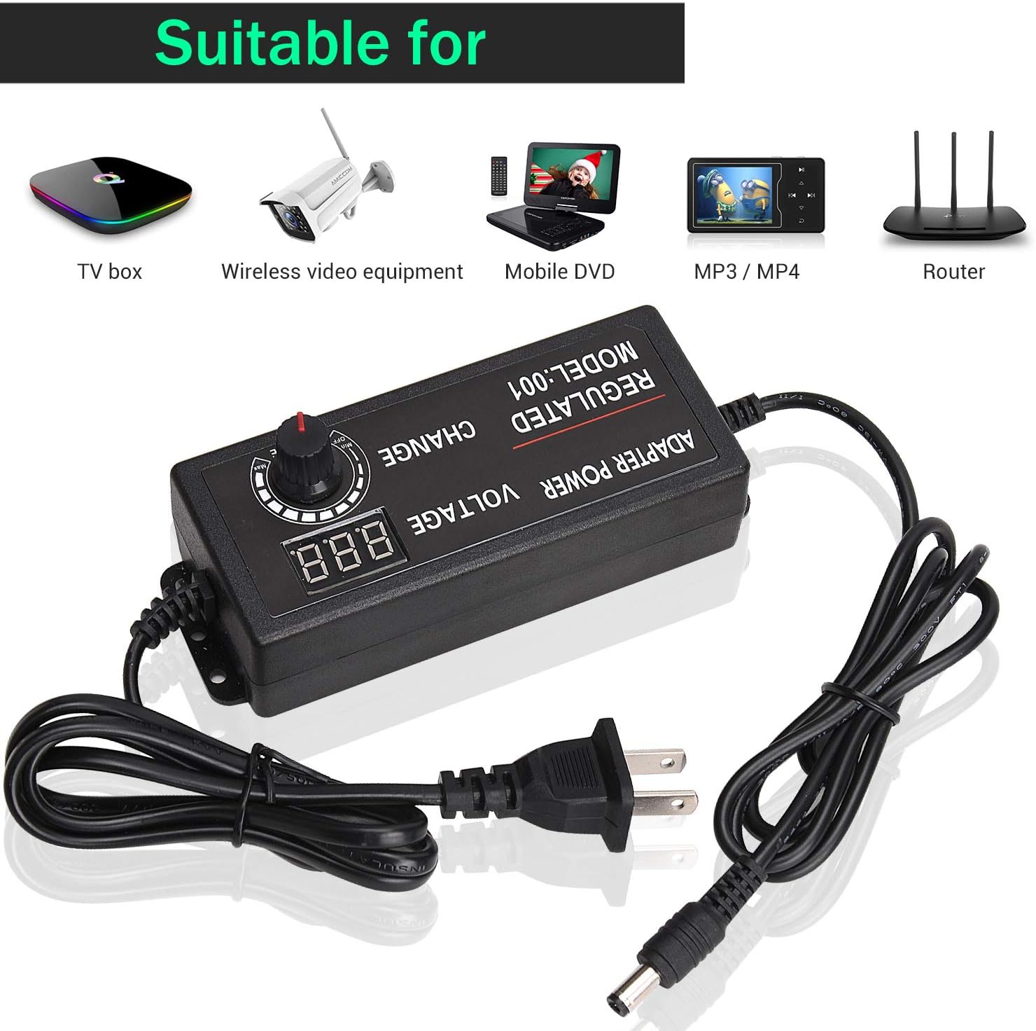 Facmogu Adjustable Power Supply Adapter AC 100-240V to DC 3-12V 5A, 15-60W, AC/DC Switching Power Converter with LED Voltage Display