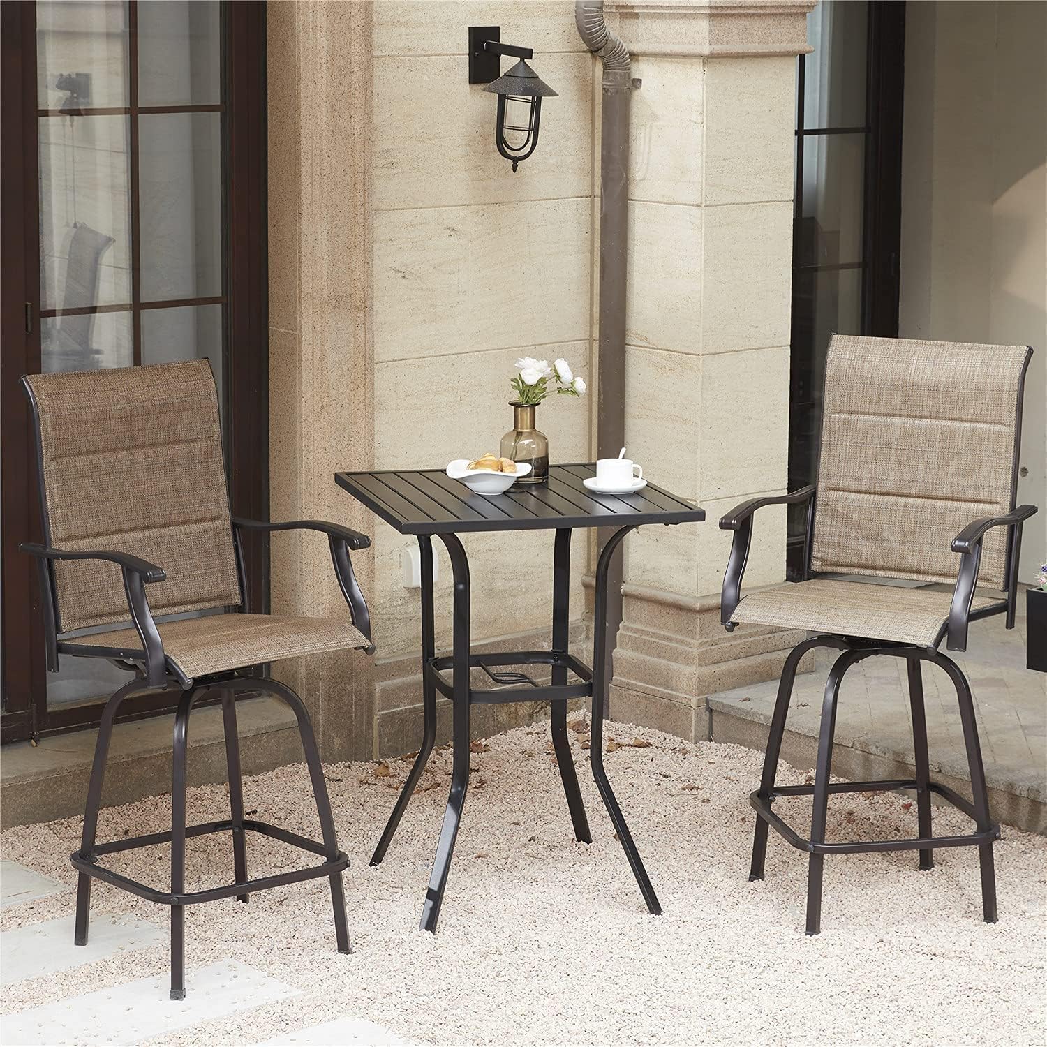 VICLLAX Outdoor Patio Swivel Bar Set, 3 Pieces Set Outdoor Patio Furniture, Metal Bistro Set, Patio Bar Height Table and Chairs, Black Frame