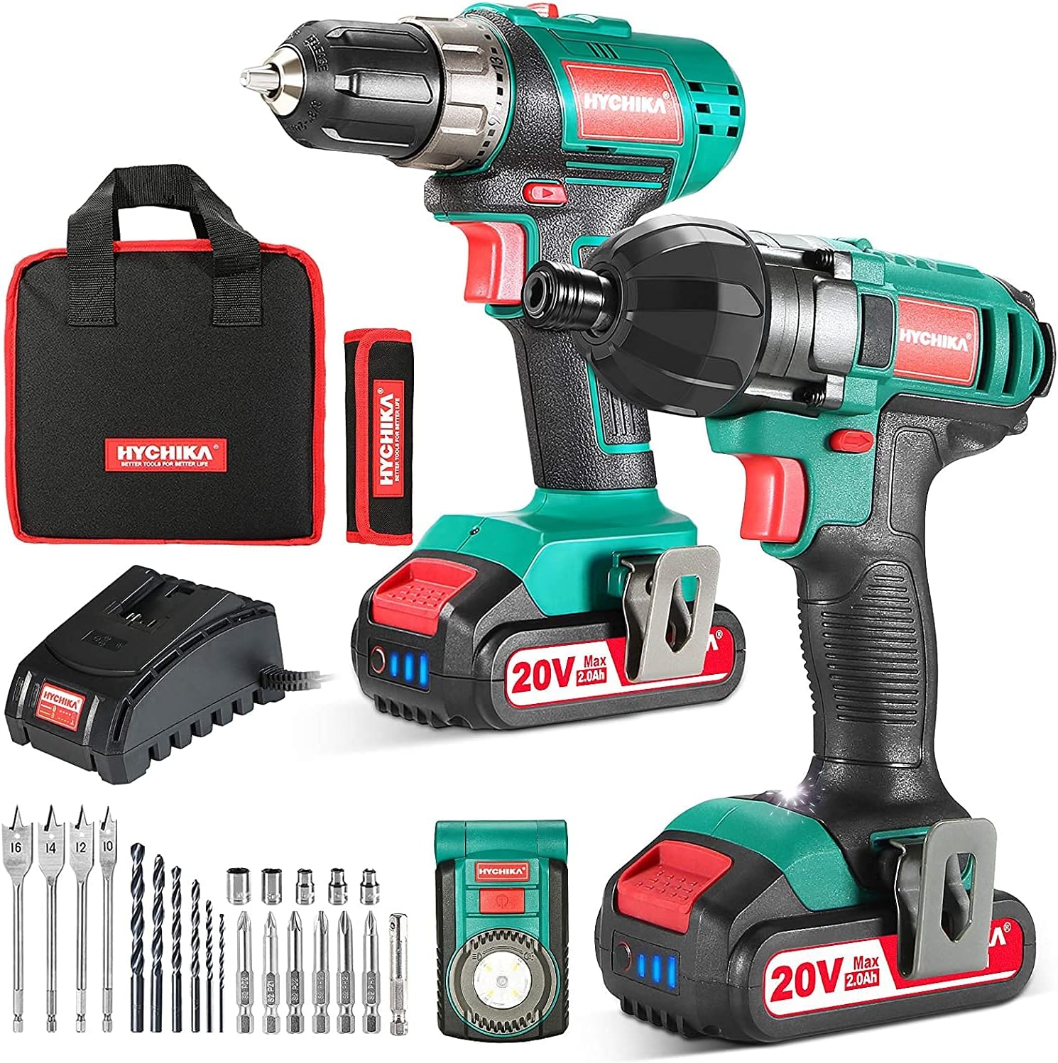 Cordless Drill Driver and Impact Driver 20V, HYCHIKA Drill Combo Kit, 2x2.0Ah Batteries, 1H Fast Charging, 22PCS Accessories for Drilling Wood, Metal and Plastic