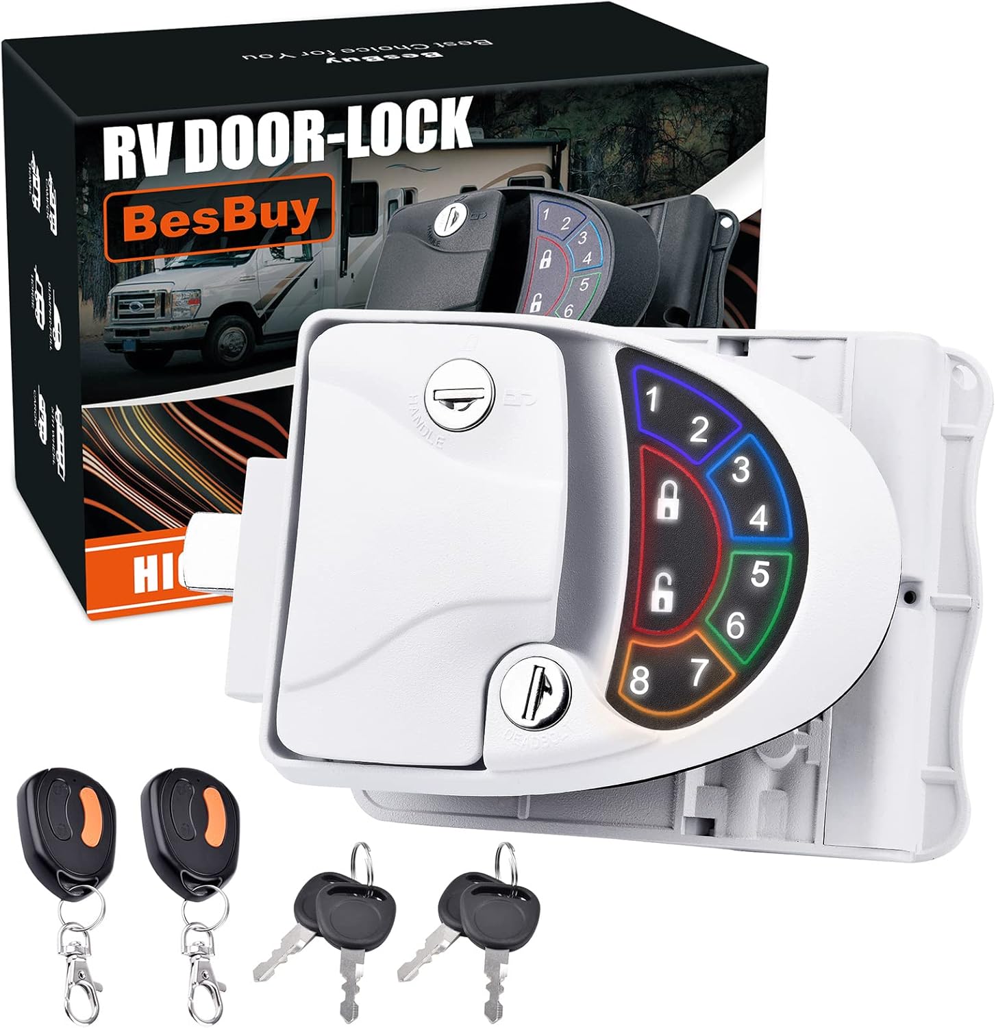 2022 Upgraded RV Door Lock, BesBuy Keyless Entry RV Door Latch RV Lock Remote Control & Integrated Password Keyword & Mechanical Key Trailer Door Latch Waterproof Zinc Alloy Metal RV Door Handle Black