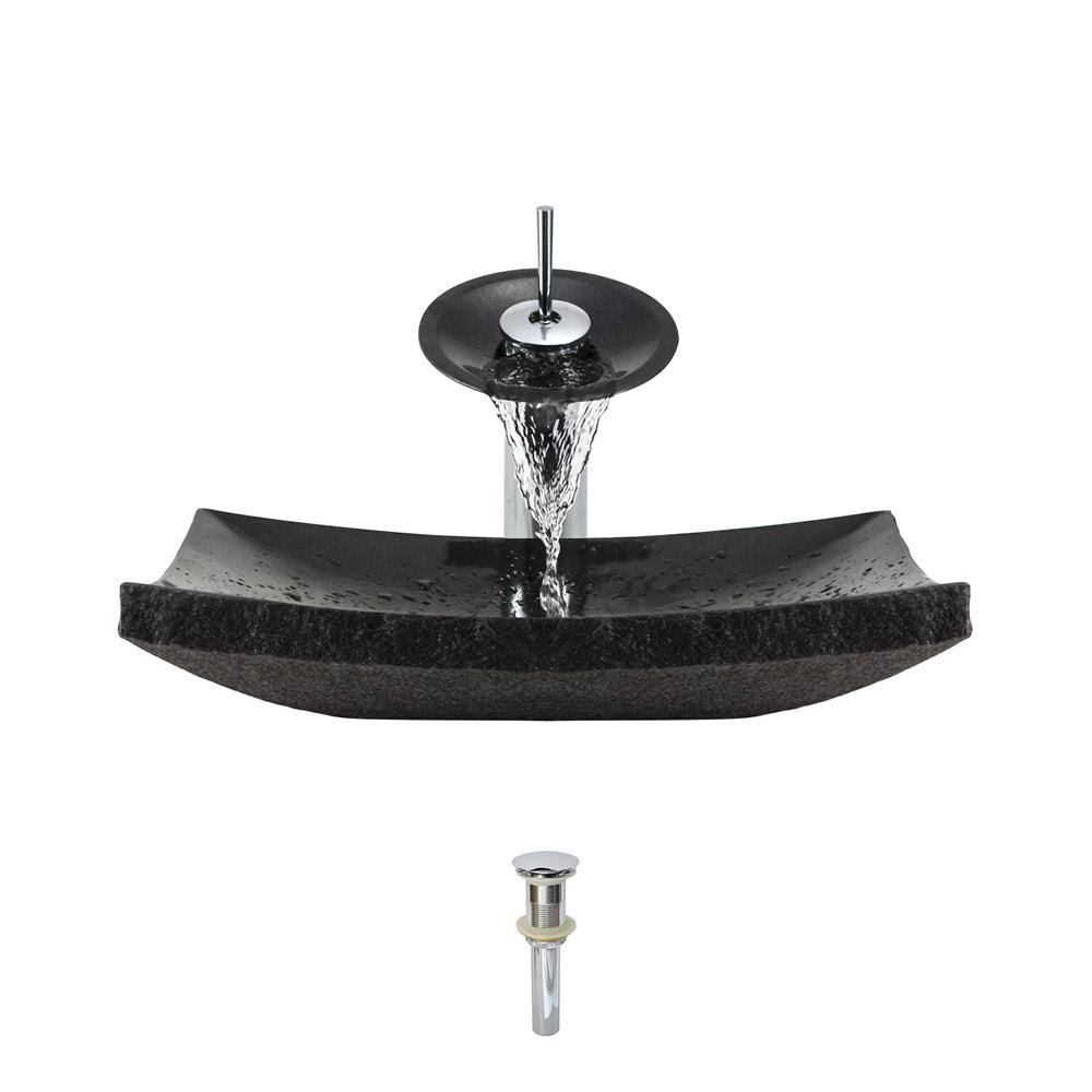 Mr Direct 855-WF-C Shanxi Black Granite Vessel Sink with Chrome Waterfall Faucet