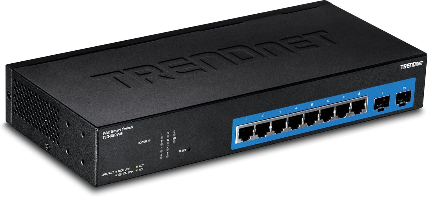 TRENDnet 10-Port Gigabit Web Smart Switch, 20 Gbps Switching Capacity, 8 x RJ-45 Ports, 2 x SFP, Slots, VLAN, QoS, LACP, IPv6 Support, Fanless, Rack Mountable, Lifetime Protection, TEG-082WS Black
