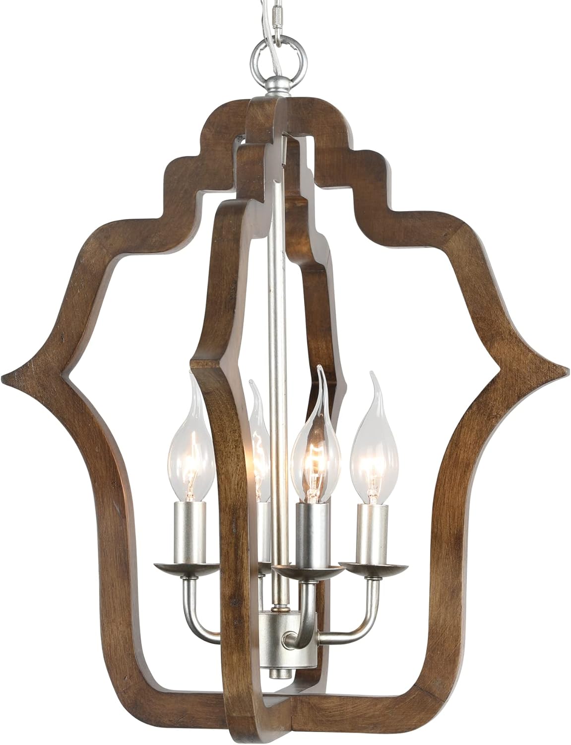 Lantern Wood Metal Chandeliers for Dining Room,Rustic Light Fixtures Ceiling Chandelier with Weathered Wood Accents for Living Room, Bedroom,Kitchen,Black Grey Metal and Antique Wood
