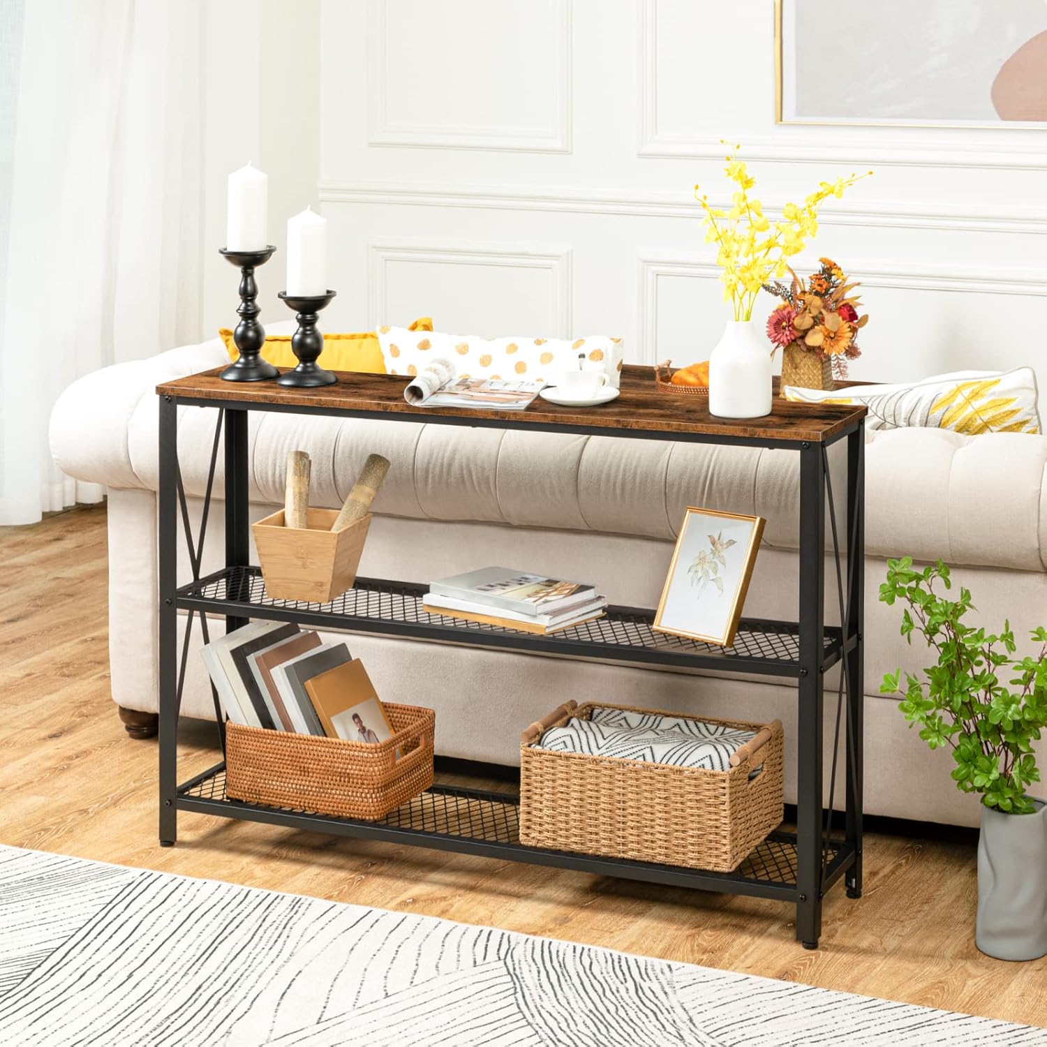 HOOBRO Narrow Console Table, 3-Tier Entryway Table, Sofa Table with Double Mesh Storage Shelves, Double X-shaped Stable Structure, Hallway Table for Foyer, Living Room, Rustic Brown and Black BF03XG01