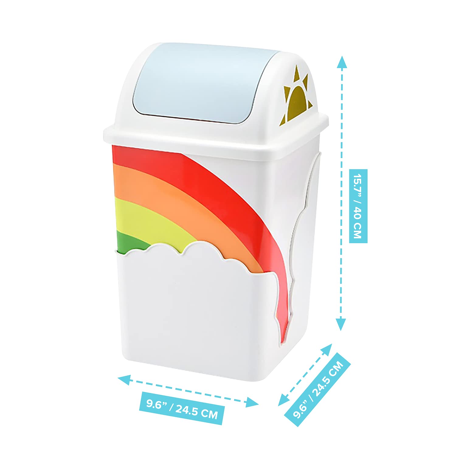 Rainbow Trash Can (1-Pack) - Cute Waste Basket for Kids Room - 9.6&rdquo;x9.6&rdquo;x15.7&rdquo; Indoor Swing Top Trash Can with Lid - Garbage Can for School & Daycare - Swivel Touchless Garbage Cans - White Plastic Trash Can&hellip;