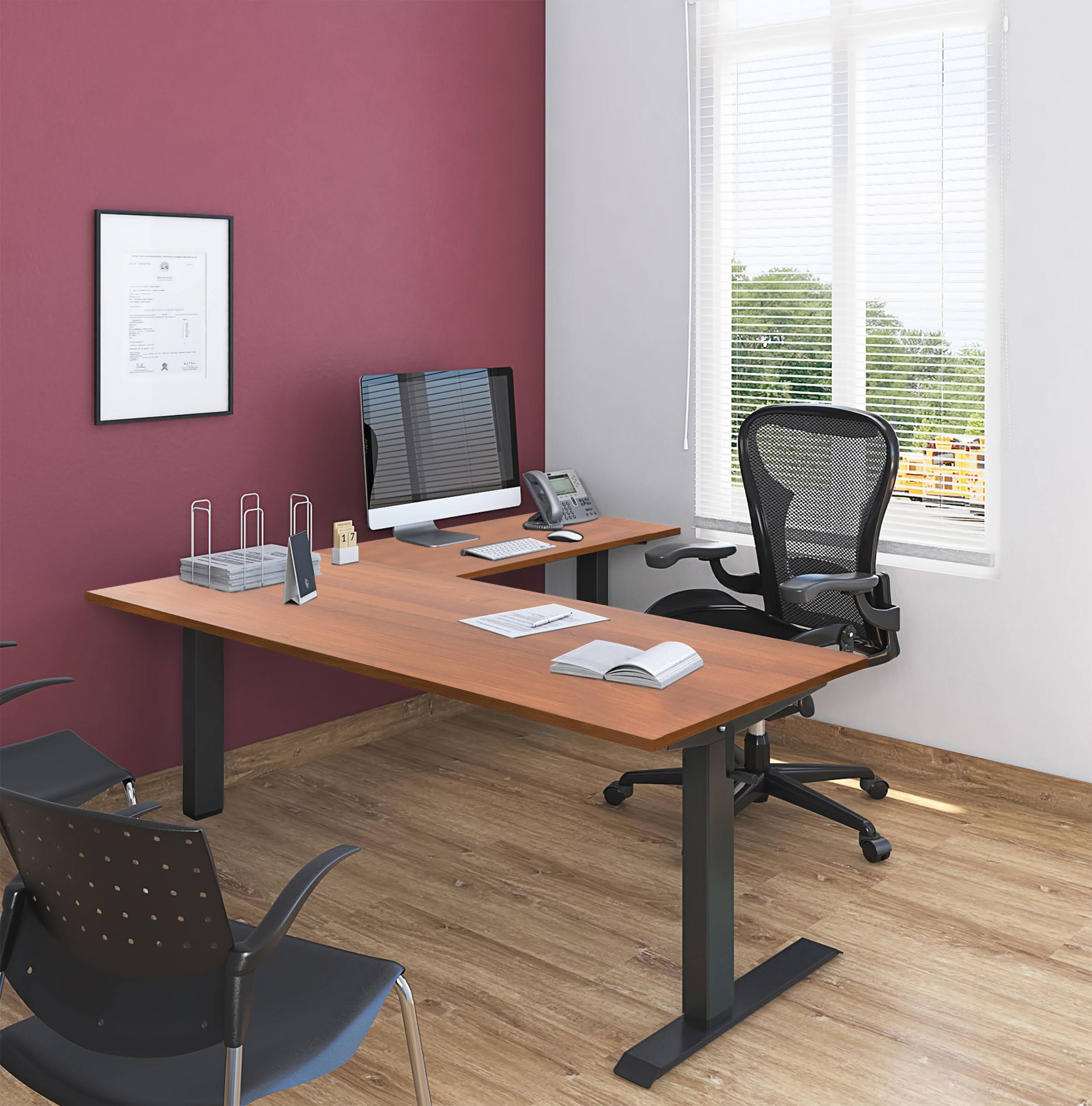 Stand Up Desk Store Crank Adjustable Height L-Shaped Standing Desk with Steel Frame (Black Frame/Teak Top, 72x22 wide)