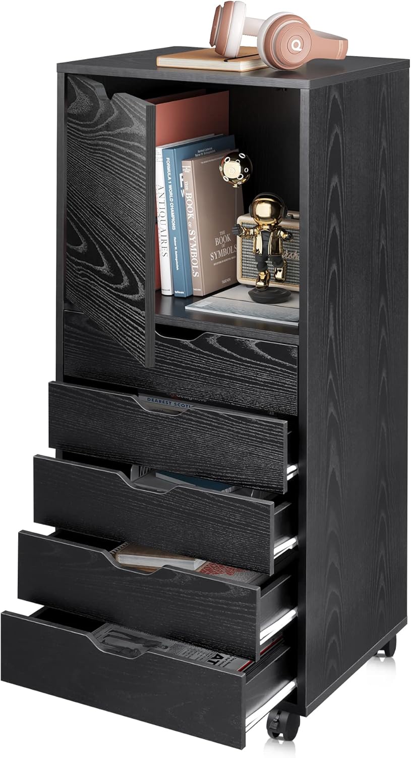 DEVAISE 5-Drawer Wood Dresser with Top Cabinet Storage, Mobile Chest of Drawers, Wide Storage Space for Home Office, White