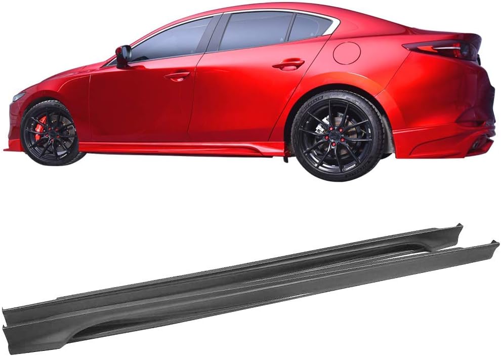 IKON MOTORSPORTS, Side Skirts Compatible With 2019-2020 Mazda 3 Sedan, 4-Door Side Skirt Extension Rocker Panel Matte Black PP Polypropylene 2PC