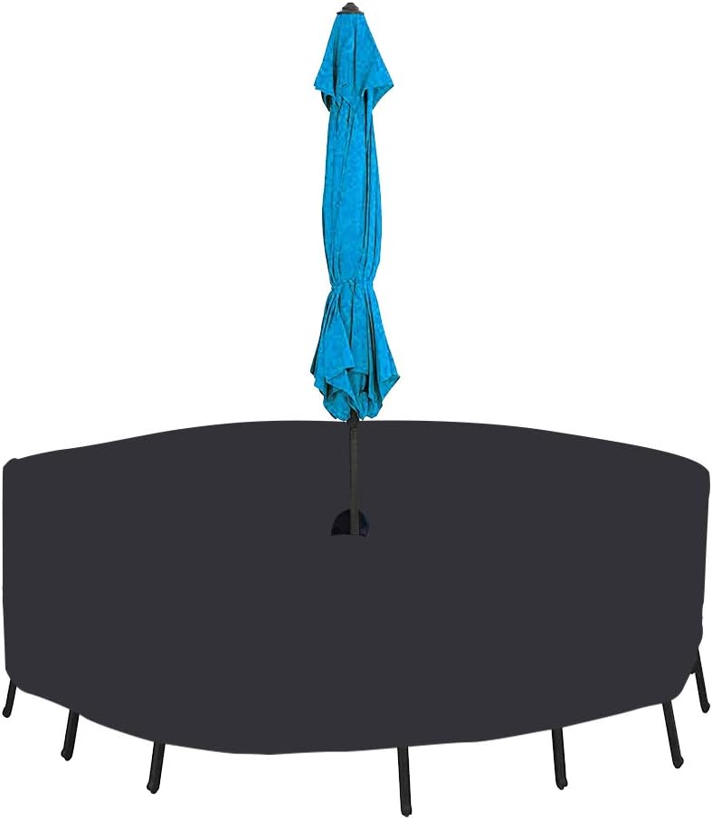 94 Inch Round Patio Table & Chair Set Cover with Umbrella Hole Heavy Duty Waterproof Outdoor Table Chair Set Covers, Black