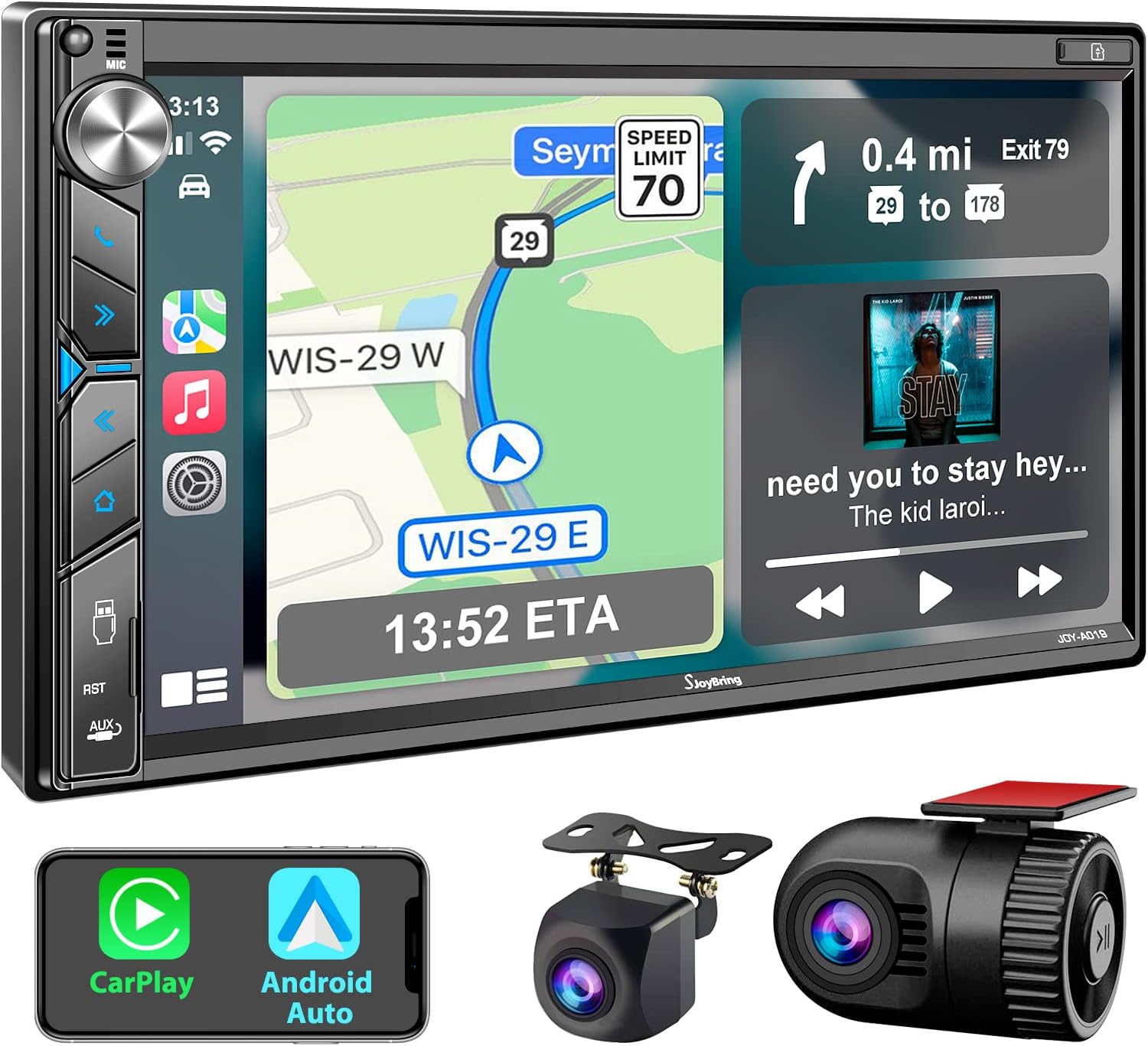 Double Din Car Stereo with Dash Cam - Voice Control Carplay, Android Auto, Steering Wheel Controls, 7