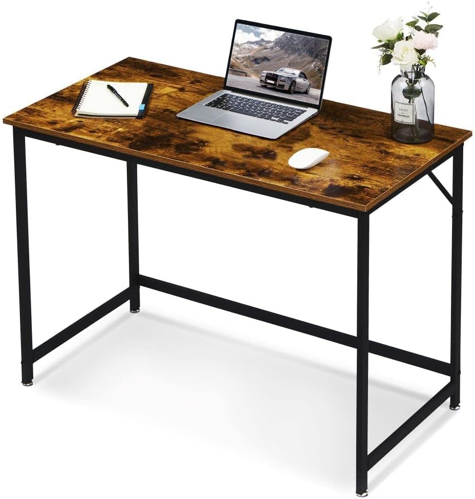 Ivinta Computer Desk, 31inch Small Writing Desk for Home Office, Industrial Style Study Desk with Black Frame, Simple Workstation, Sturdy PC Table, Space-Saving, (Easy Assemble, Rustic Brown) Pack of 2