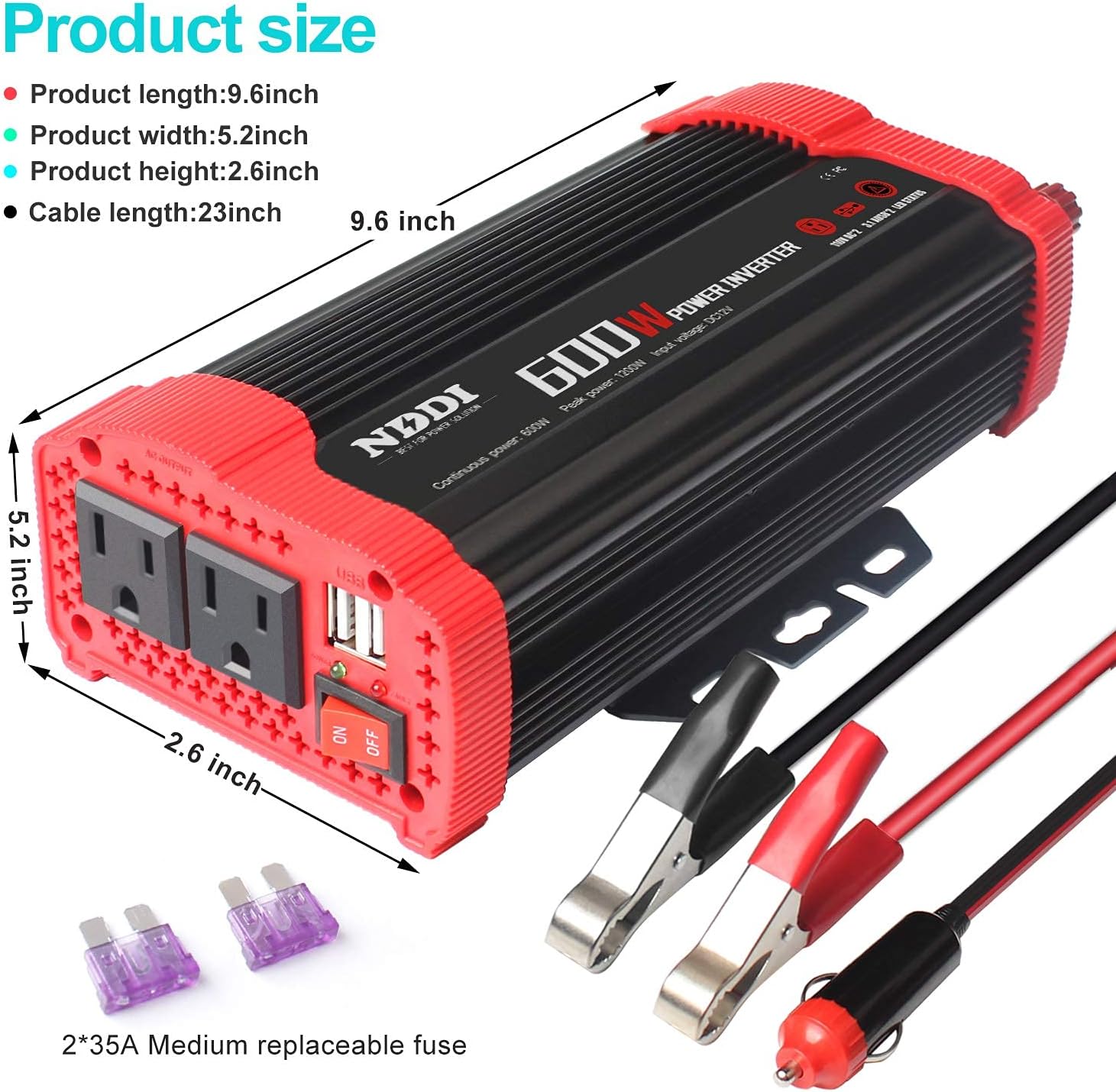 NDDI 600W Car Power Inverter 12V DC to 110V AC Converter with 3.1 A Dual USB Quick Car Charger Adapter Pack of 2