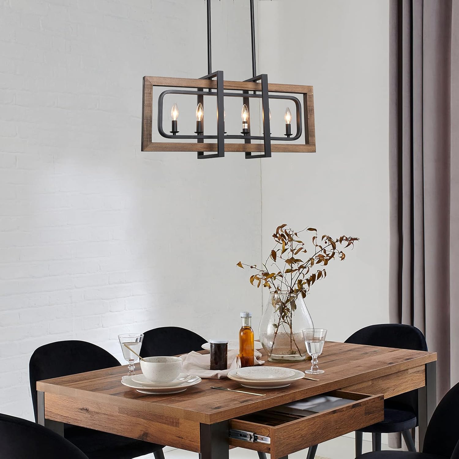 Farmhouse Chandelier, Barn Light in Rustic Black Metal Finish & Rustic Wood Kitchen Island Lighting, 31.5