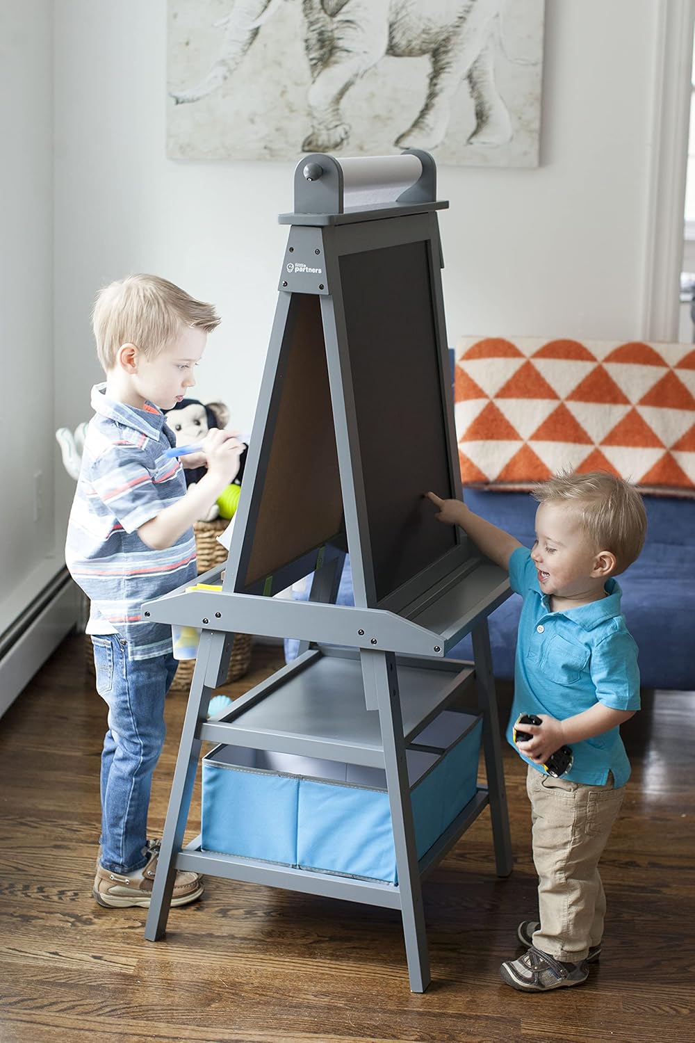 Little Partners 3-in-1 Art Easel 2-Sided A-Frame Art Easel with Chalk Board, Dry Erase, Storage, Paper Feed and Accessories for Toddlers (Soft White)