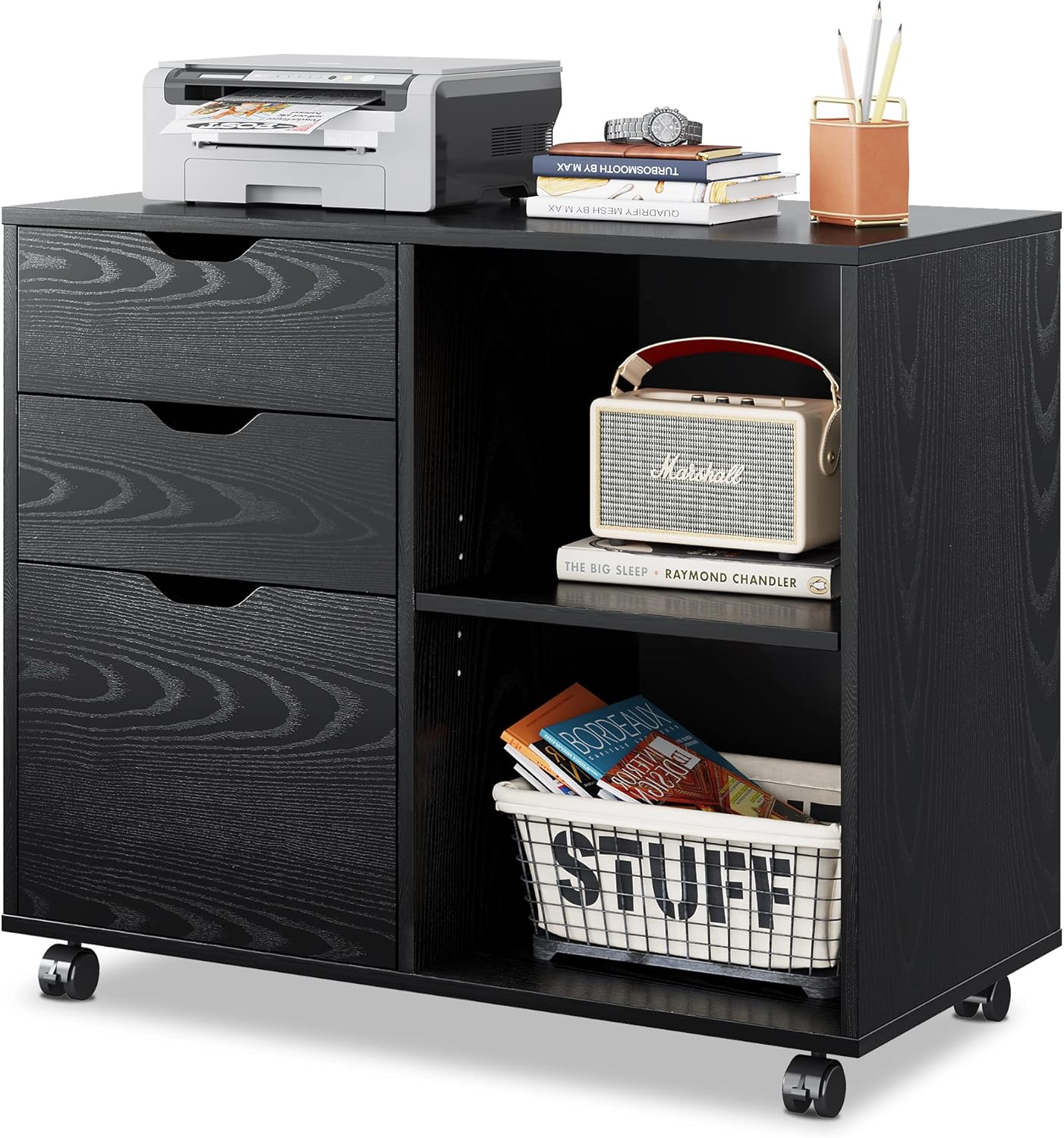 DEVAISE 3-Drawer Wood File Cabinet, Mobile Lateral Filing Cabinet, Printer Stand with Open Storage Shelves for Home Office, Black