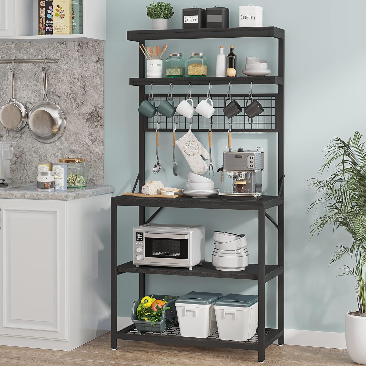 Itaar Kitchen Bakers Rack with Storage, 5-Tier Industrial Microwave Oven Stand, Free Standing Microwave Stands with 12 Hooks, Bakers Racks for Kitchens with Storage , Rustic Brown