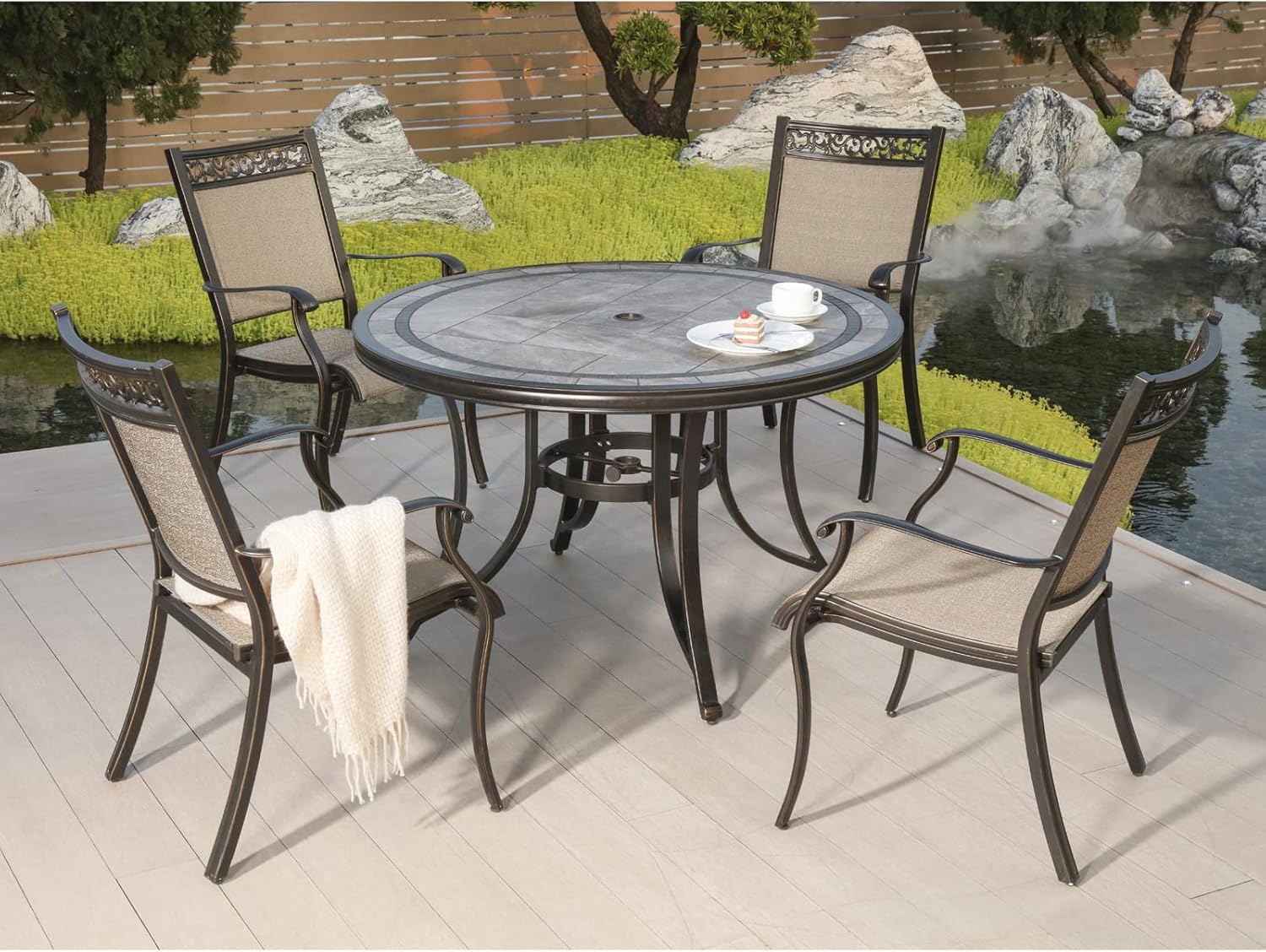 5 Piece Patio Dining Set Outdoor Furniture, 4 Stackable Sling Chairs with 46 inch Round Mosaic Tile Top Aluminum Table
