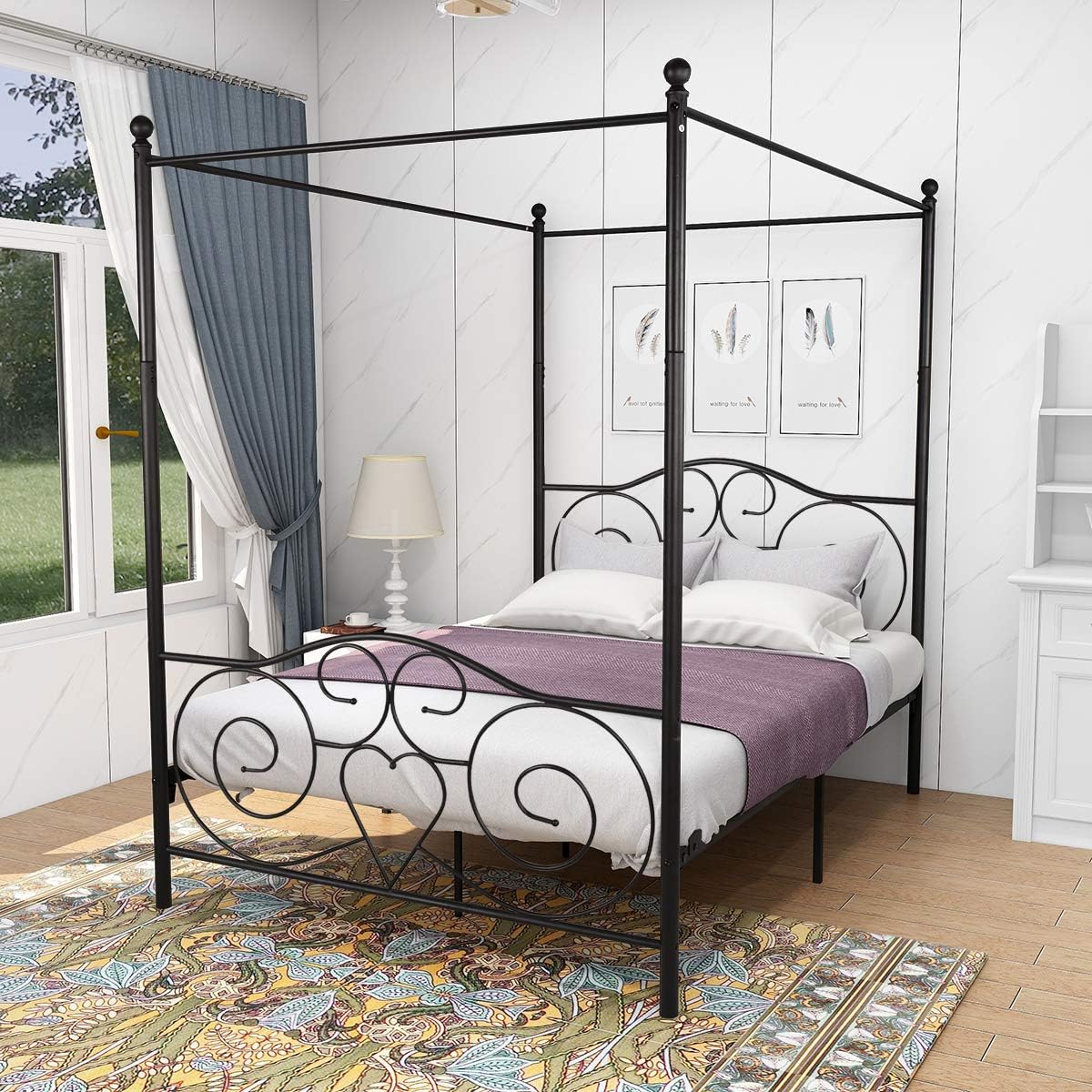 DUMEE Queen Size Metal Canopy Bed Frame with Headboard and Footboard Sturdy Iron Steel Easy Assembly,Black