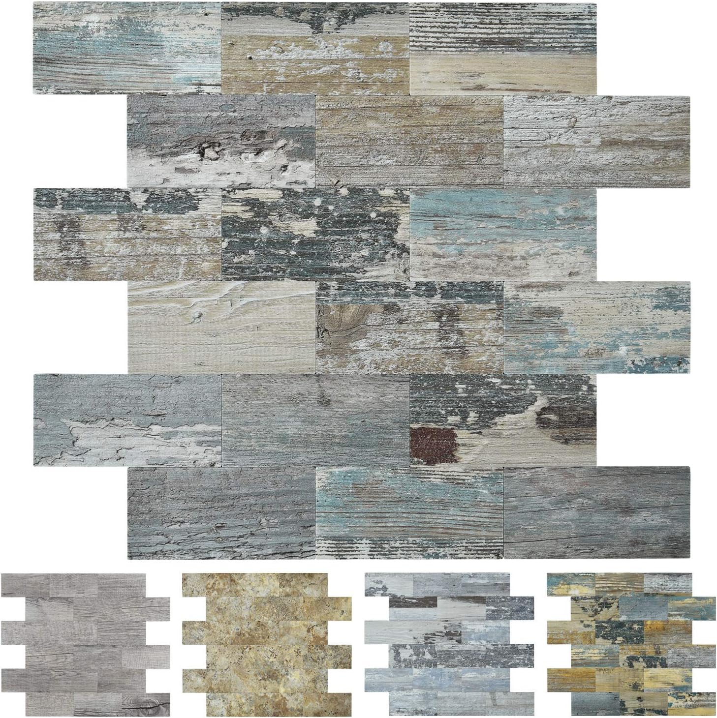 Art3d 10-Pack Peel and Stick Backsplash Tiles, 13.5 x 11.4 x 0.18in. Distressed Wood Tile for Kitchen Bathroom Fireplace