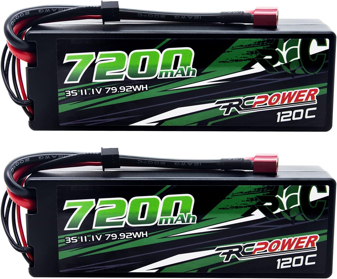 RCPOWER 11.1V 7200mAh 3S Lipo Battery 120C Hard Case Lipo Battery with T Plug for RC Vehicles, RC Car, RC Truck, RC Boat (2Packs)