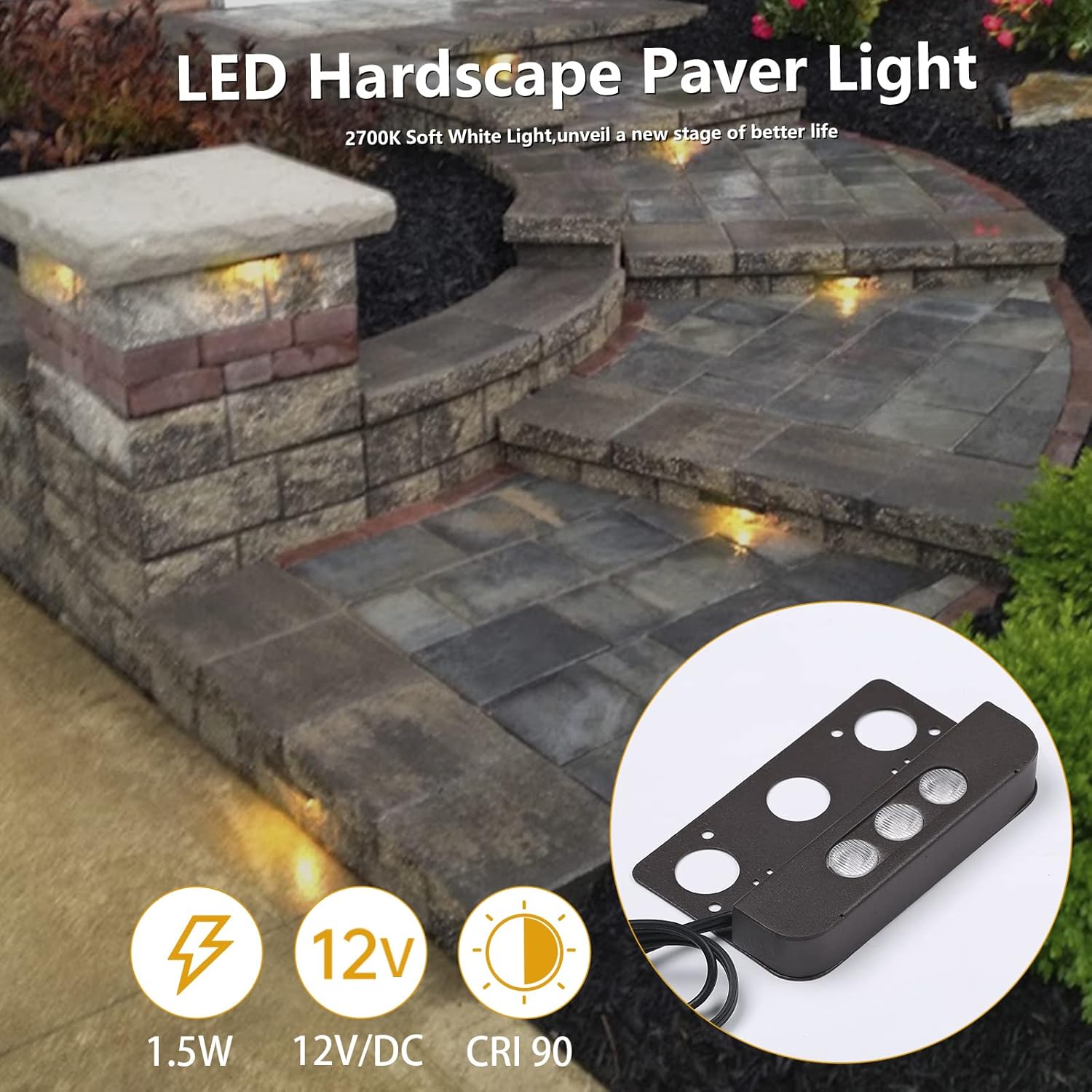 Wapiti 4 Inch 1.5W LED Hardscape Lightings,8 Pack Outdoor Retaining Wall Lights,IP65 Waterproof 12V AC/DC Low Voltage 2700K Soft White Outdoor Step Lights,Hardscape Paver Light ETL Listed