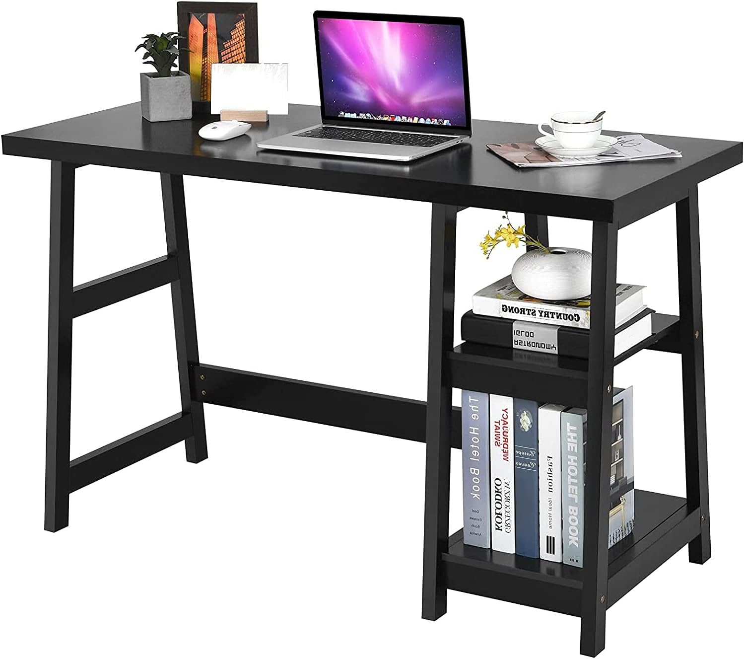 MIDDOW Trestle Computer Desk, 47.5&rdquo; Modern Home Office Desk w/2-Tier Open Storage Shelves, Space Saving Study Writing Desk, Gaming Computer Workstation for Home/Office (White)