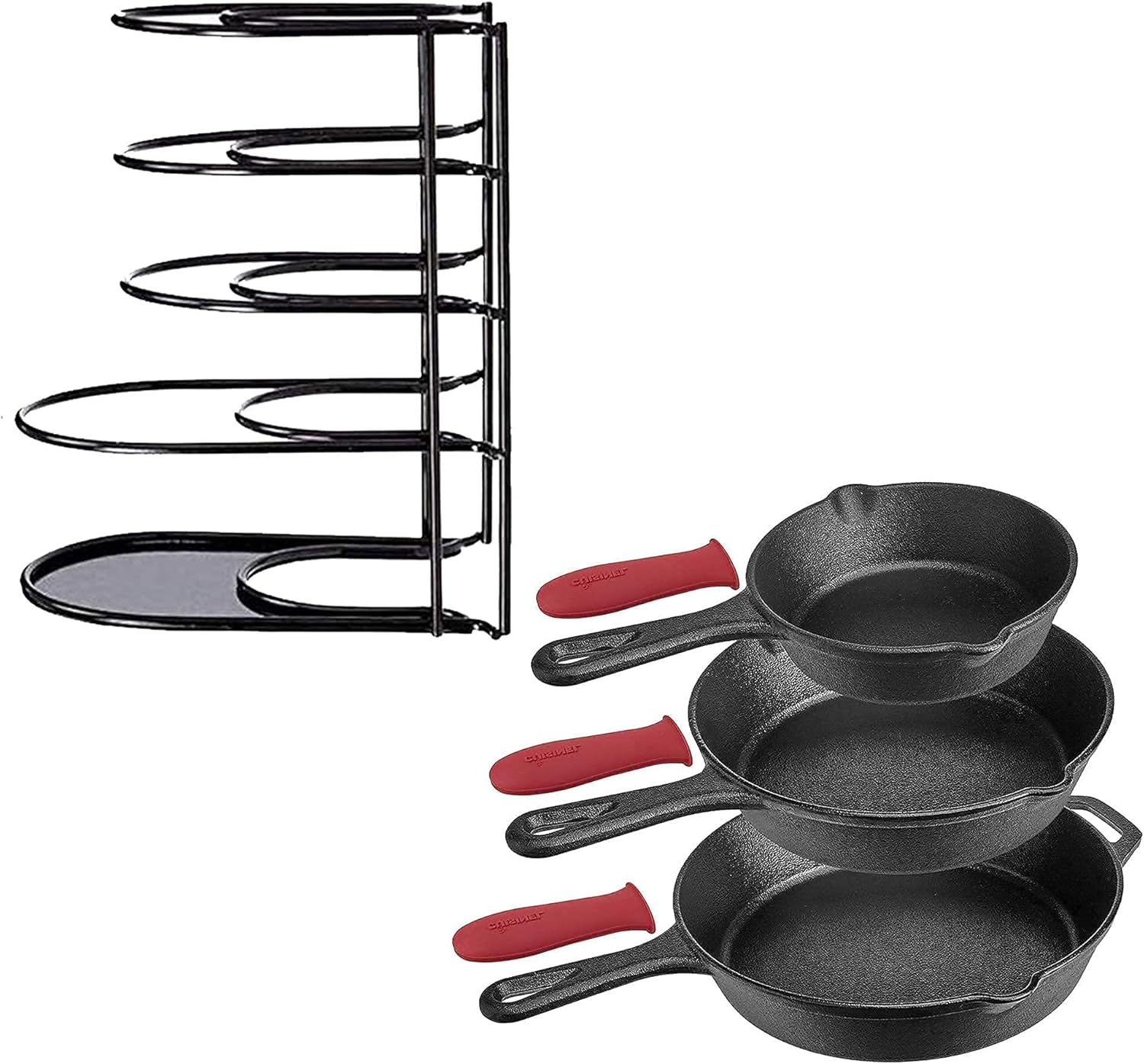 Cast Iron Skillet Bundle Heavy Duty Pan Organizer, 5 Tier Rack and 6-Inch, 8-Inch, 10-Inch Set Oven Safe Cookware - 3 Heat-Resistant Holders - Indoor and Outdoor Use - Grill, Stovetop, Induction Safe
