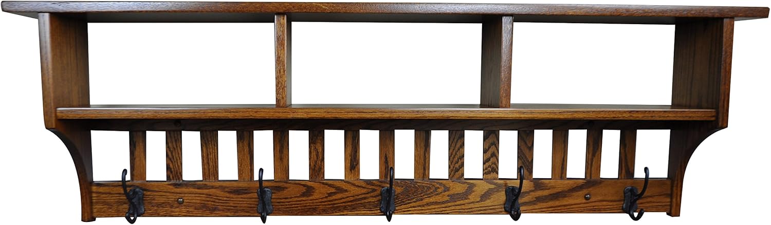 Wall Mounted Coat Rack with Cubbies &ndash; Mission Style Cubby Coat Hanger &ndash; Entryway Organizer with Hooks &ndash; Rustic Farmhouse Mounted Wall Shelf Rack (5 Hooks, Oak Wood, Michaels Stain)