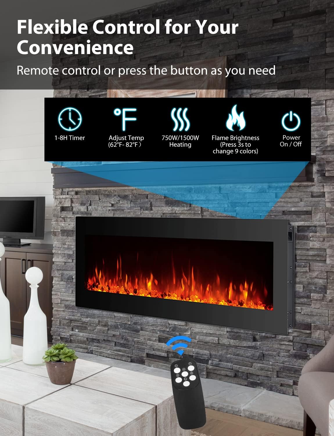 50 Inch Electric Fireplace Wall Mounted Freestanding Fireplace with Remote Control, 1500/750W Crystal Linear Fireplace with Timer, Adjustable 9 Flame Colors and Overheating Protection