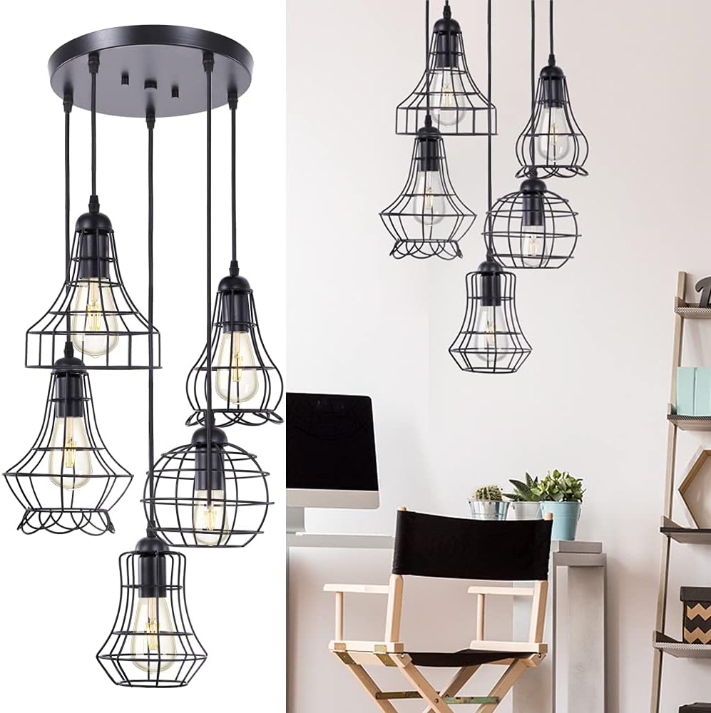 Wellmet Industrial Pendant Light with Black Metal Cage Shade, 5-Light Black Retro Cage Chandelier Lighting Fixtures for Dinning Room Foyer Entryway Hallway Stairwell Cabinet
