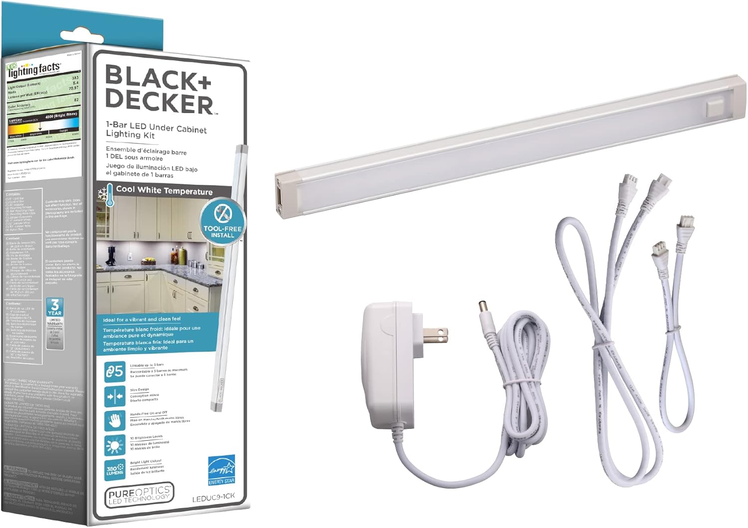 BLACK+DECKER LEDUC9-3CK LED Under Cabinet Kit with Motion Sensor, Dimmable Kitchen Accent Lights, Tool-Free Install, Cool White 4000k, 9