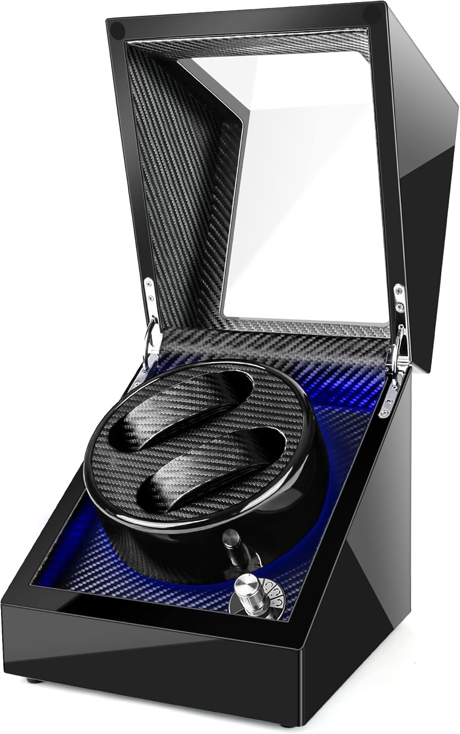 NTR Double Watch Winder, Automatic Watches in wood shell piano paint and Carbon Fiber Leather, Built-in Blue LED light, With Adjustable Watch Pillows Fit Lady and Man Watches, Battery Powered or AC Adapter with Quiet Motor