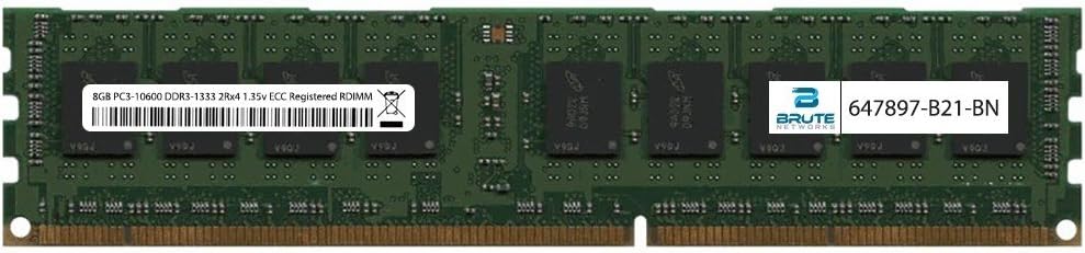 Brute Networks 647897-B21-BN - 8GB PC3-10600 DDR3-1333Mhz 2Rx4 1.35v ECC Registered RDIMM (Equivalent to OEM PN # 647897-B21) Pack of 2