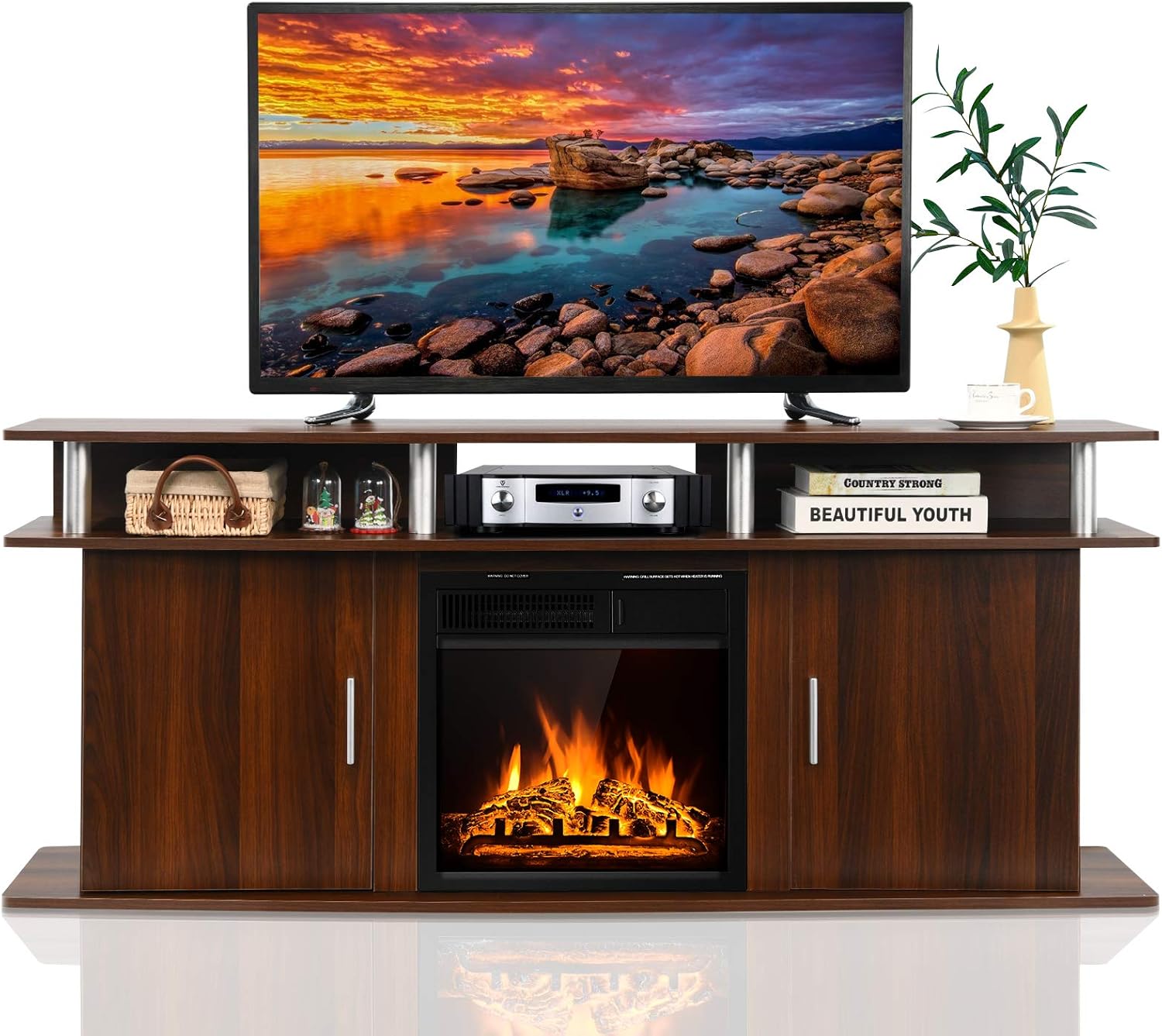 Tangkula Fireplace TV Stand, Living Room Media Console Table w/1500W Electric Fireplace for TVs up to 70 Inches, Modern TV Console w/ Fireplace, Remote Control & Adjustable Brightness (Black)