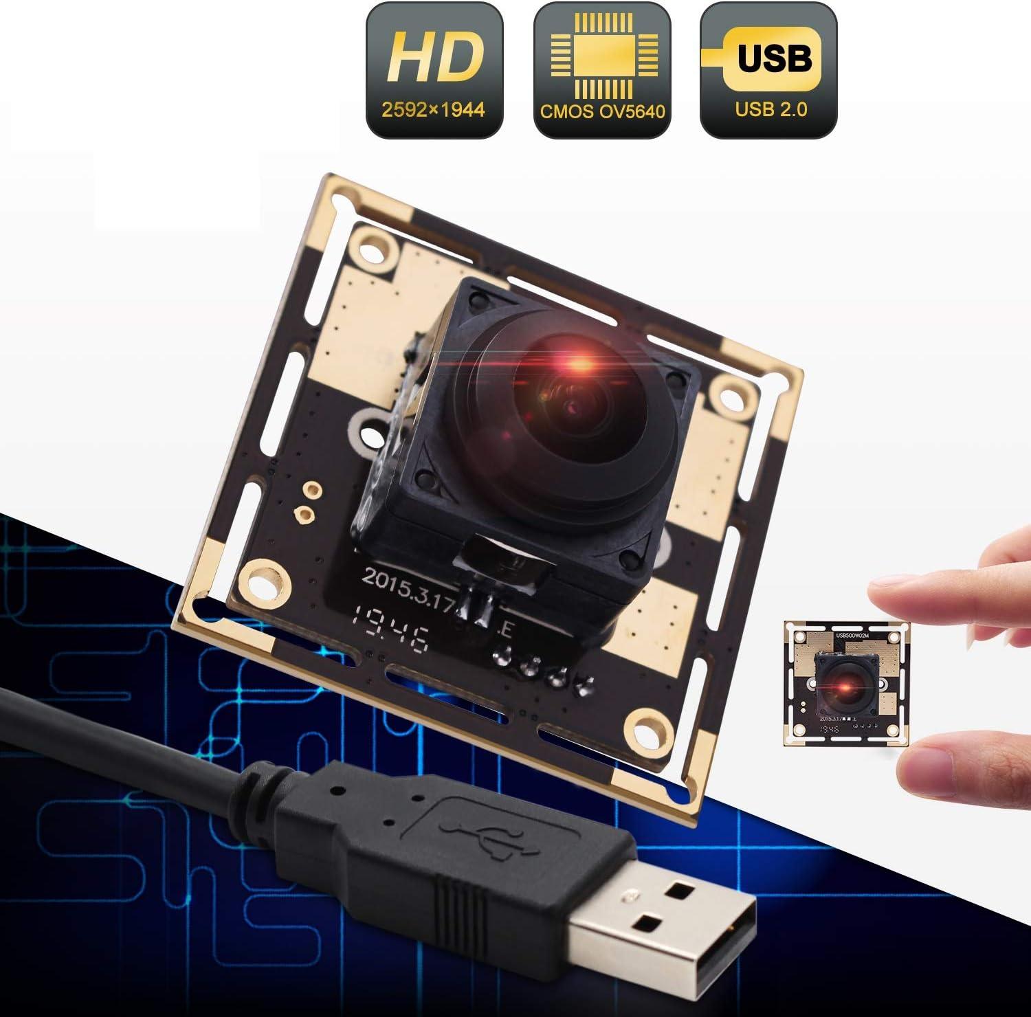 Autofocus 5 Megapixel USB Camera Module with 170 Degree Fisheye Lens HD 2592X1944 USB Webcamera with CMOS OV5640 Sensor USB with Camera,Mini Webcam for Windows Mac Andriod Linux,Plug&Play