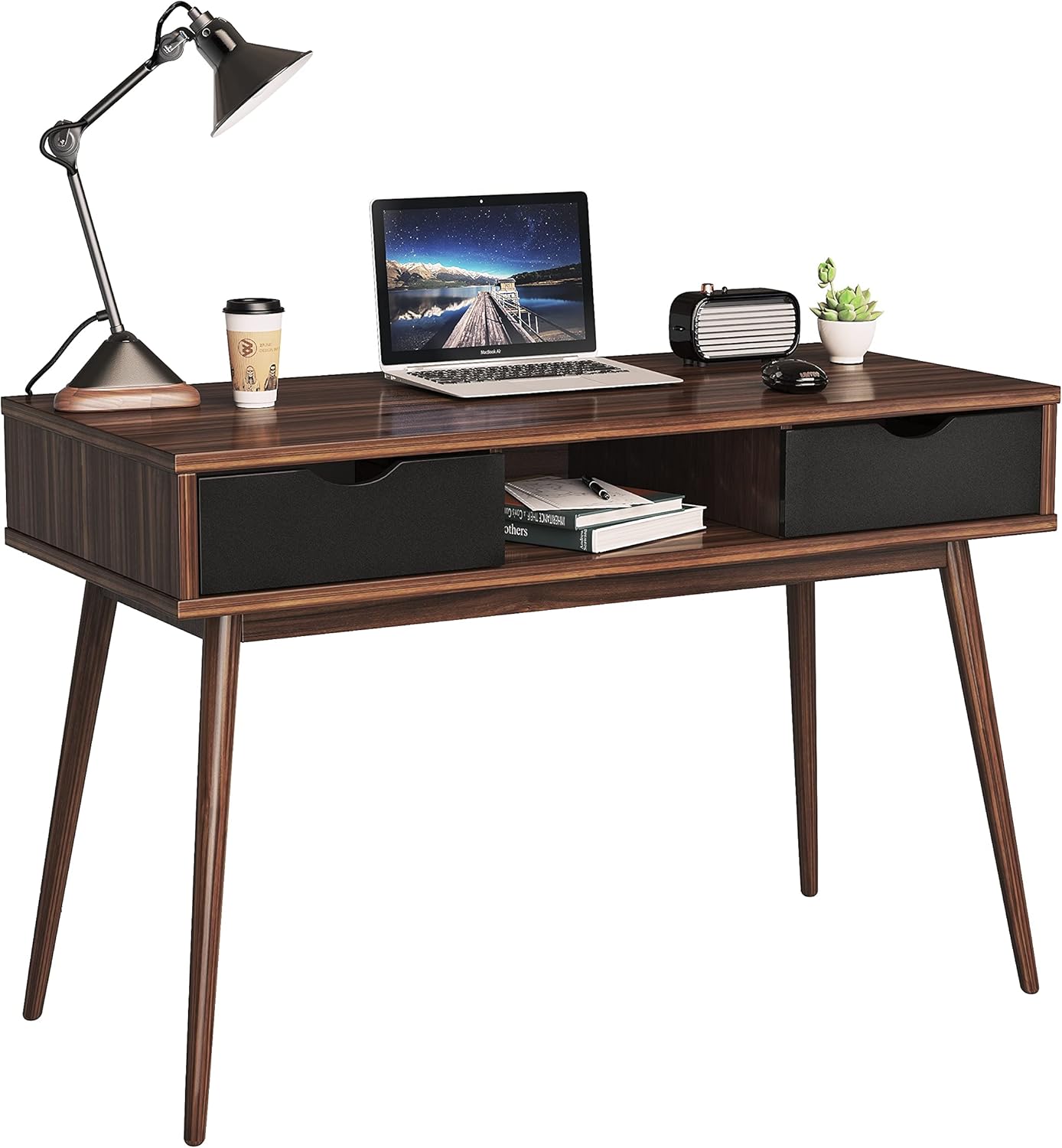 Tangkula Mid Century Desk with Drawers, Writing Computer Desk with Spacious Desktop & Sturdy Construction, Compact Laptop Table Workstation, Desk for Bedroom Home Office (Walnut)