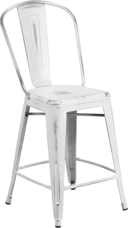 Ergode 24'' High Distressed White Metal Indoor-Outdoor Counter Height Stool with Back