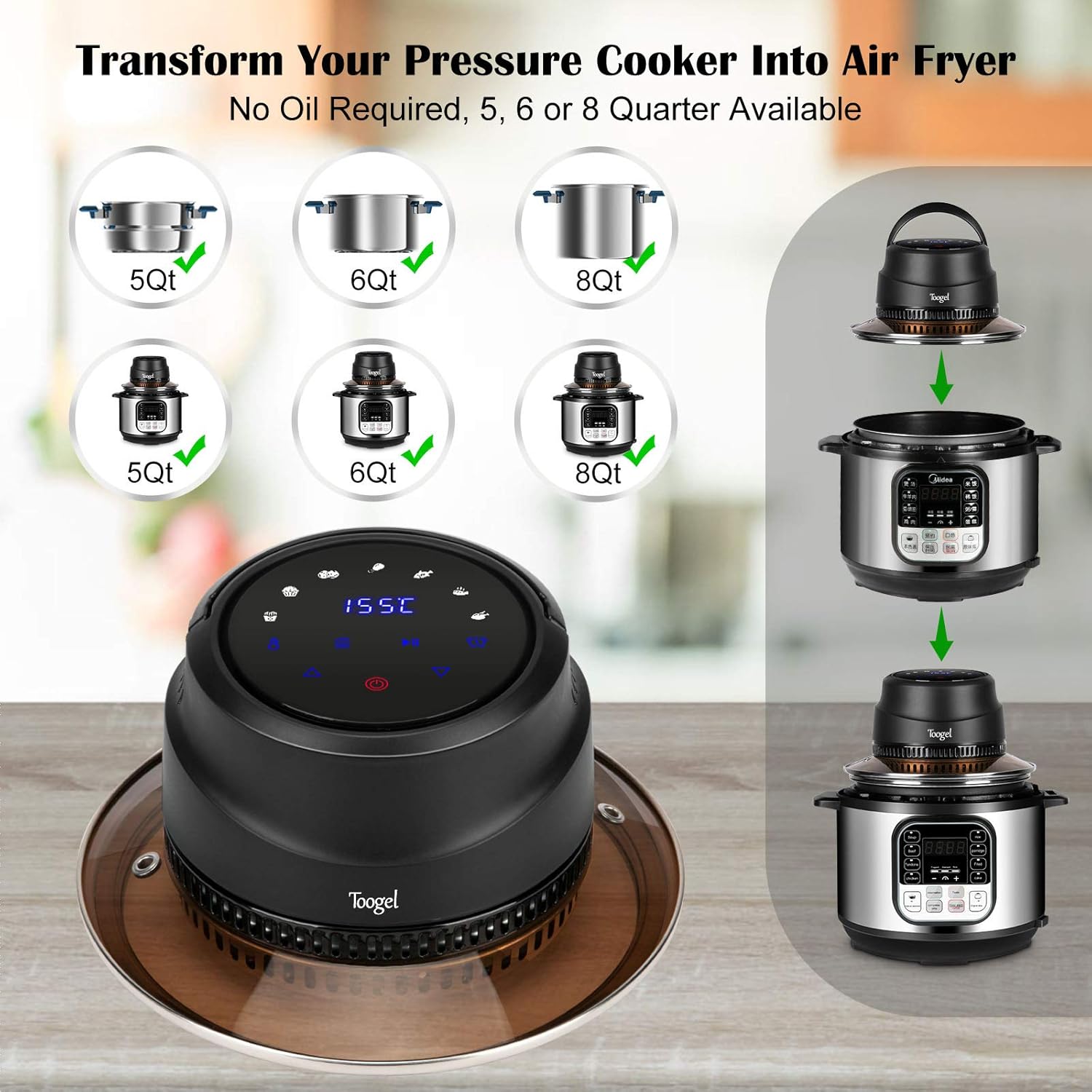 Air Fryer Lid Pressure Cooker Lid Air Fryer Transformer, Turn your Pressure Cooker into Air Fryer Dehydrator/Broil, 1000W, LED Touch Screen Control, 6-in-1 Air fryer Lid for 5/6/8 Qt Instant Pot Pack of 2